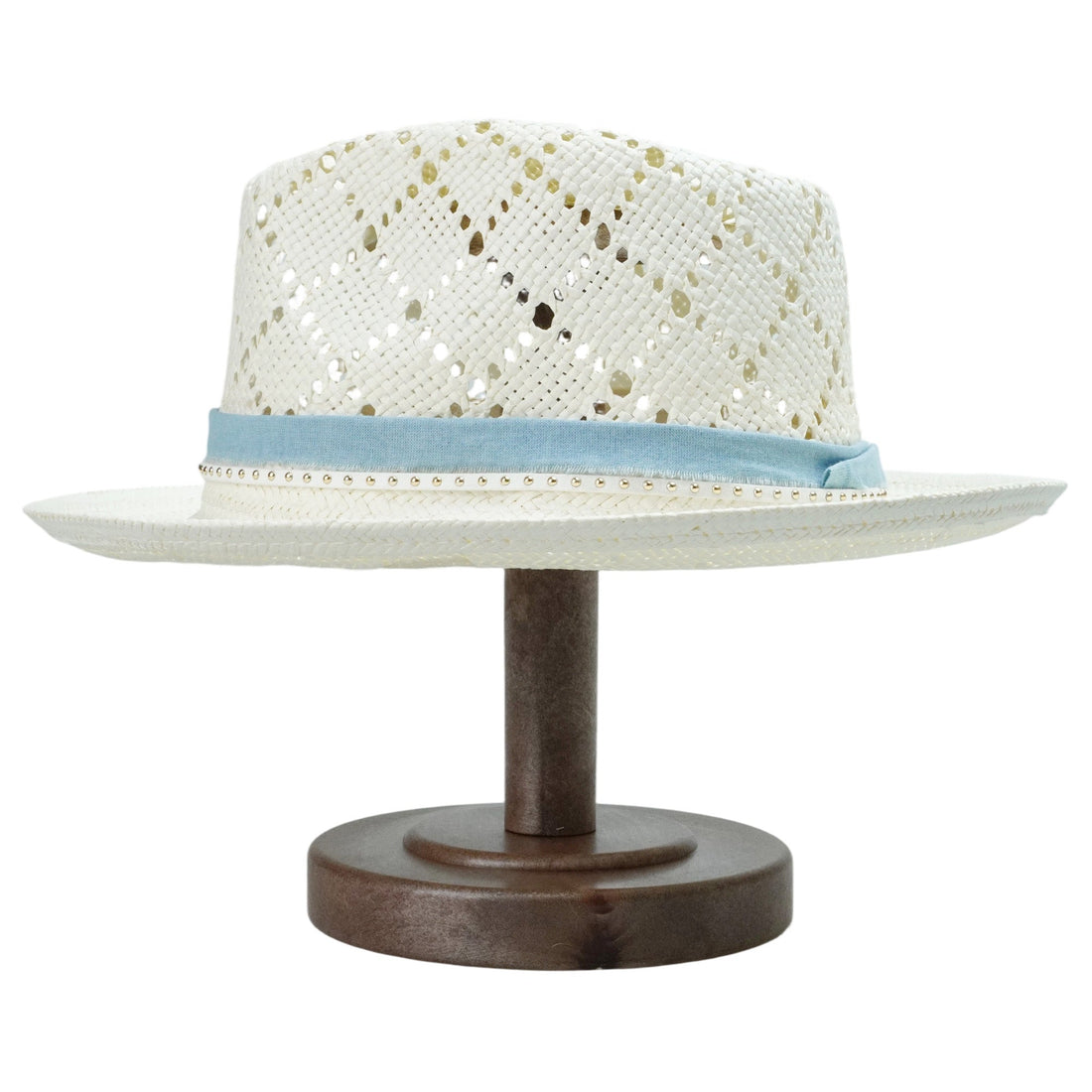 White Straw Hat with Cutout Crown & Light Blue Band