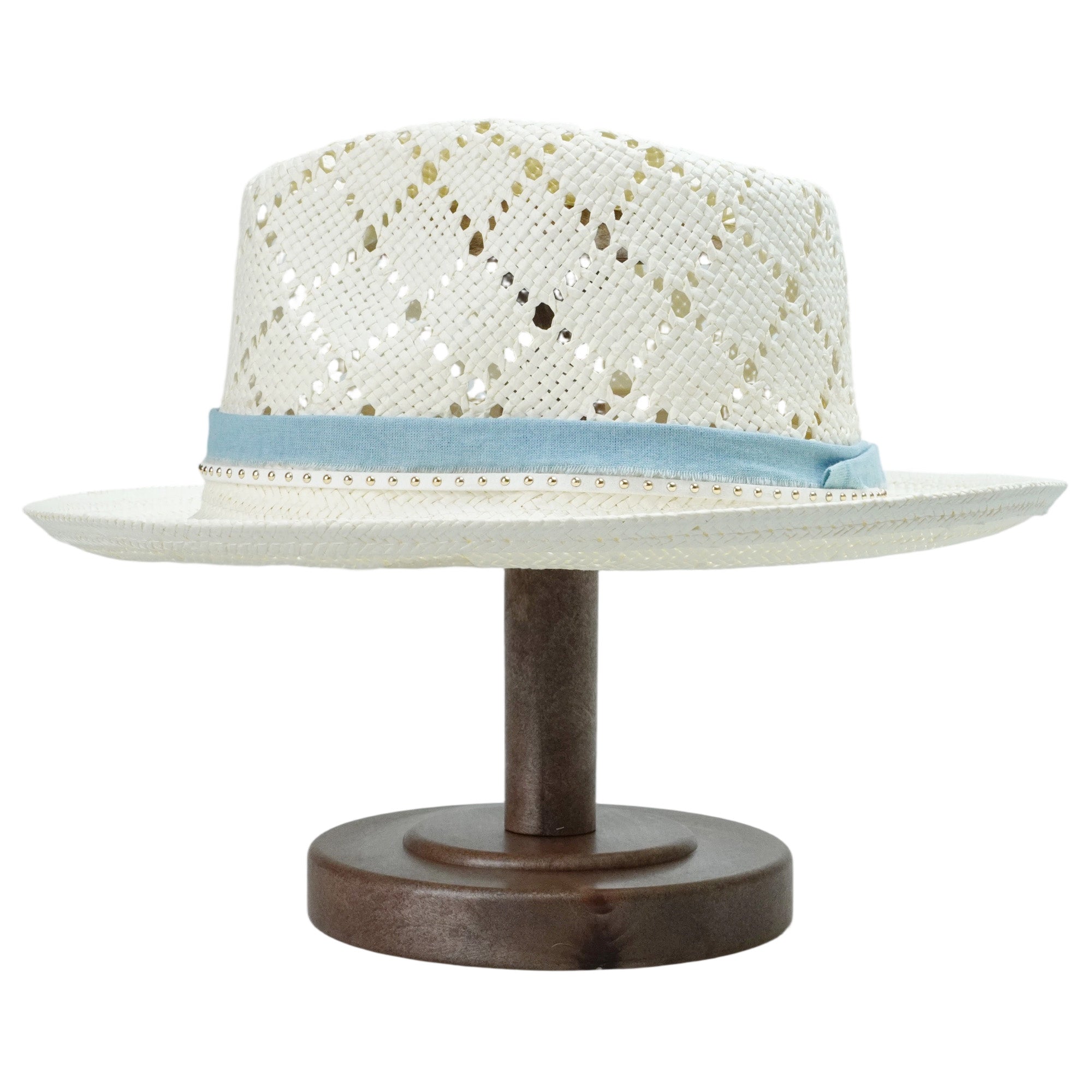 White Straw Hat with Cutout Crown & Light Blue Band