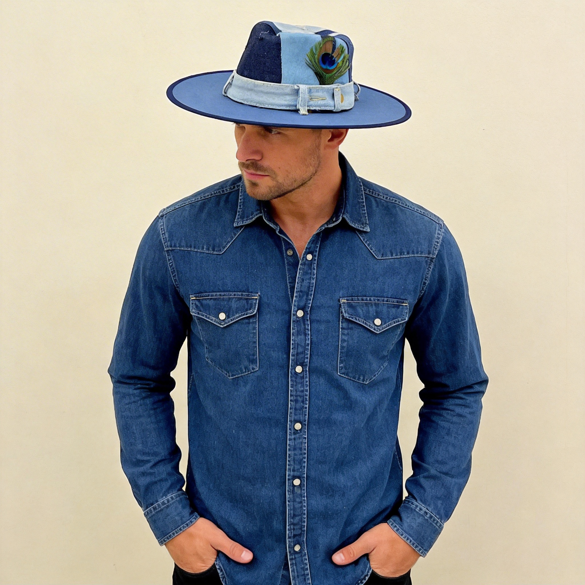 Patchwork Denim Wide-Brim Hat