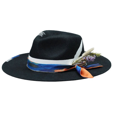 Black Felt Hat - Stitched Detail with Art Fabric Strap