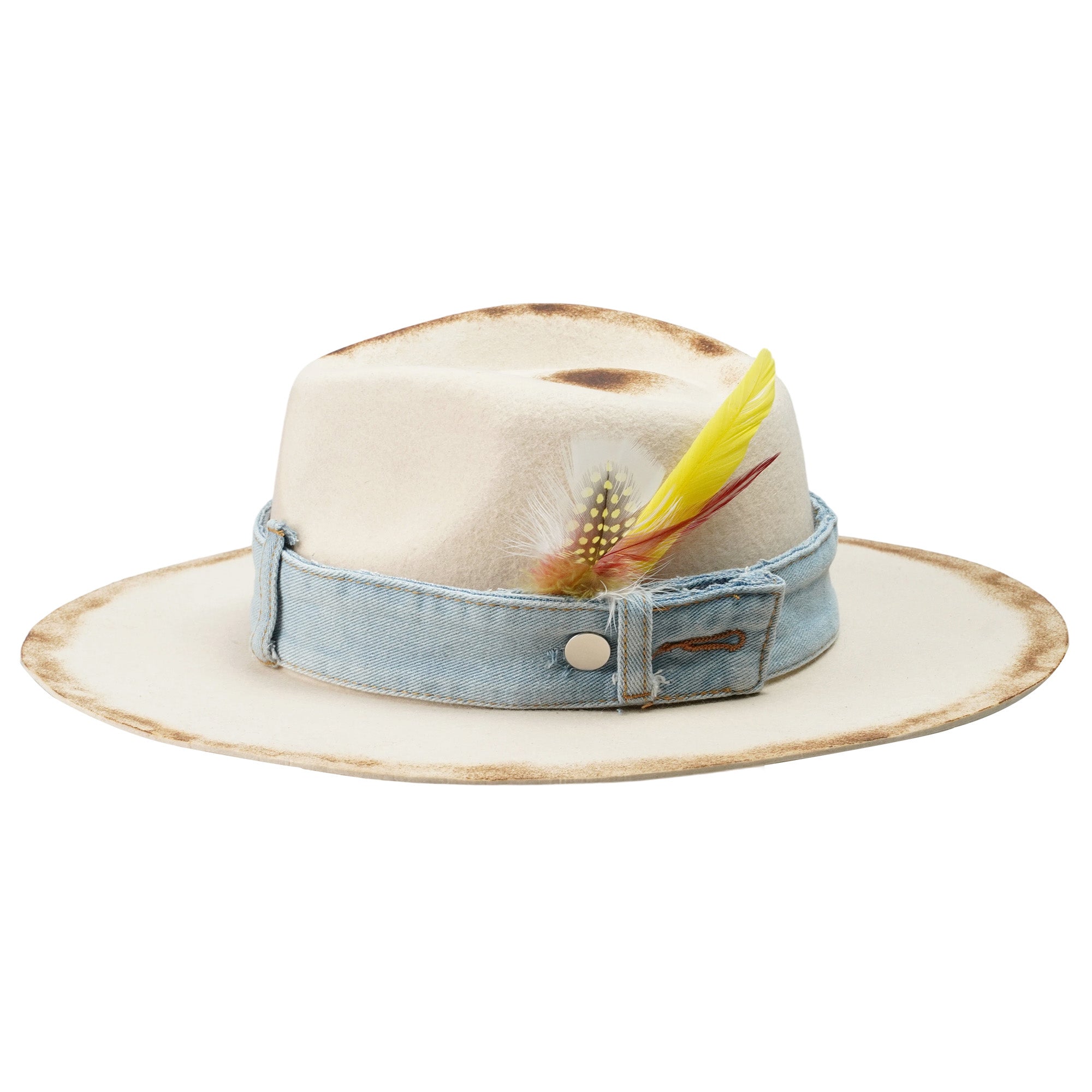 Distressed Felt Hat – Denim Band, Feather Accent