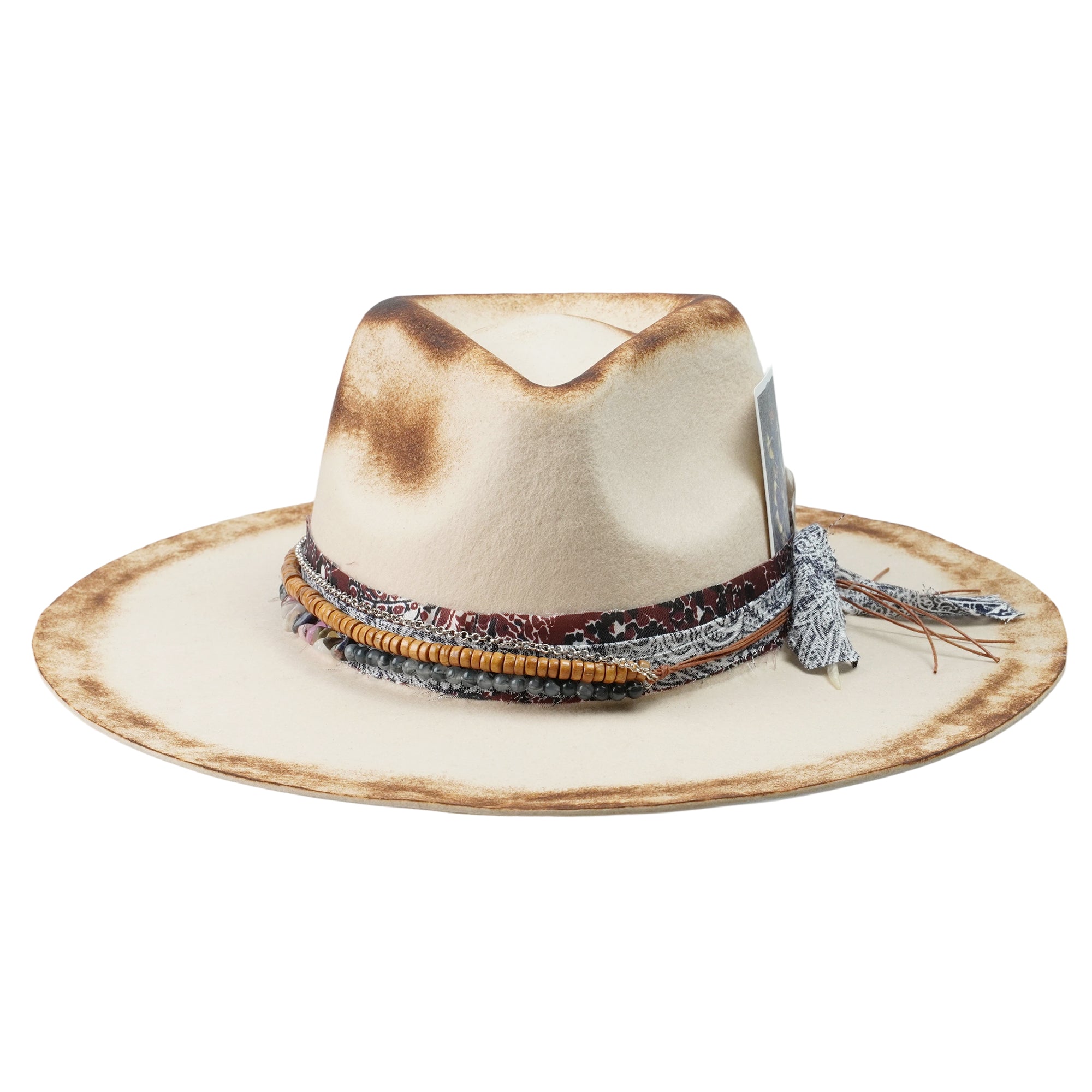 Hand-Burned Statement Felt Hat – Distressed Finish, Custom Fabric Trim