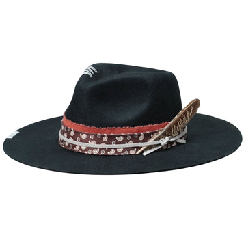 Modern Flat-Brim Hat – Sleek Black, Custom Fabric Band with Feathers