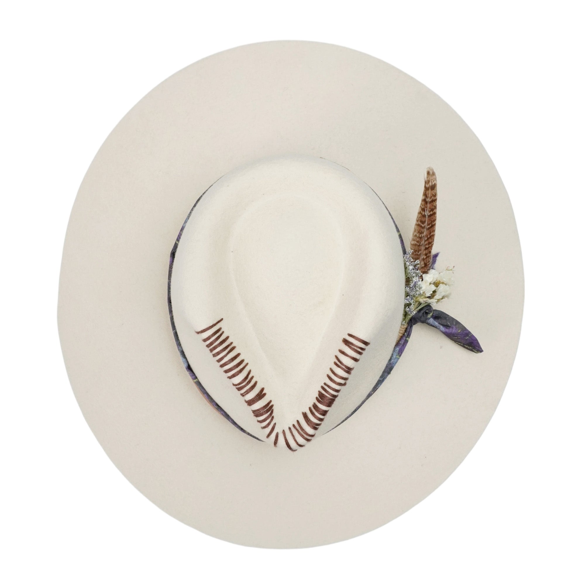 Teardrop Fedora - Off-White with Feather & Brown Cord Detail