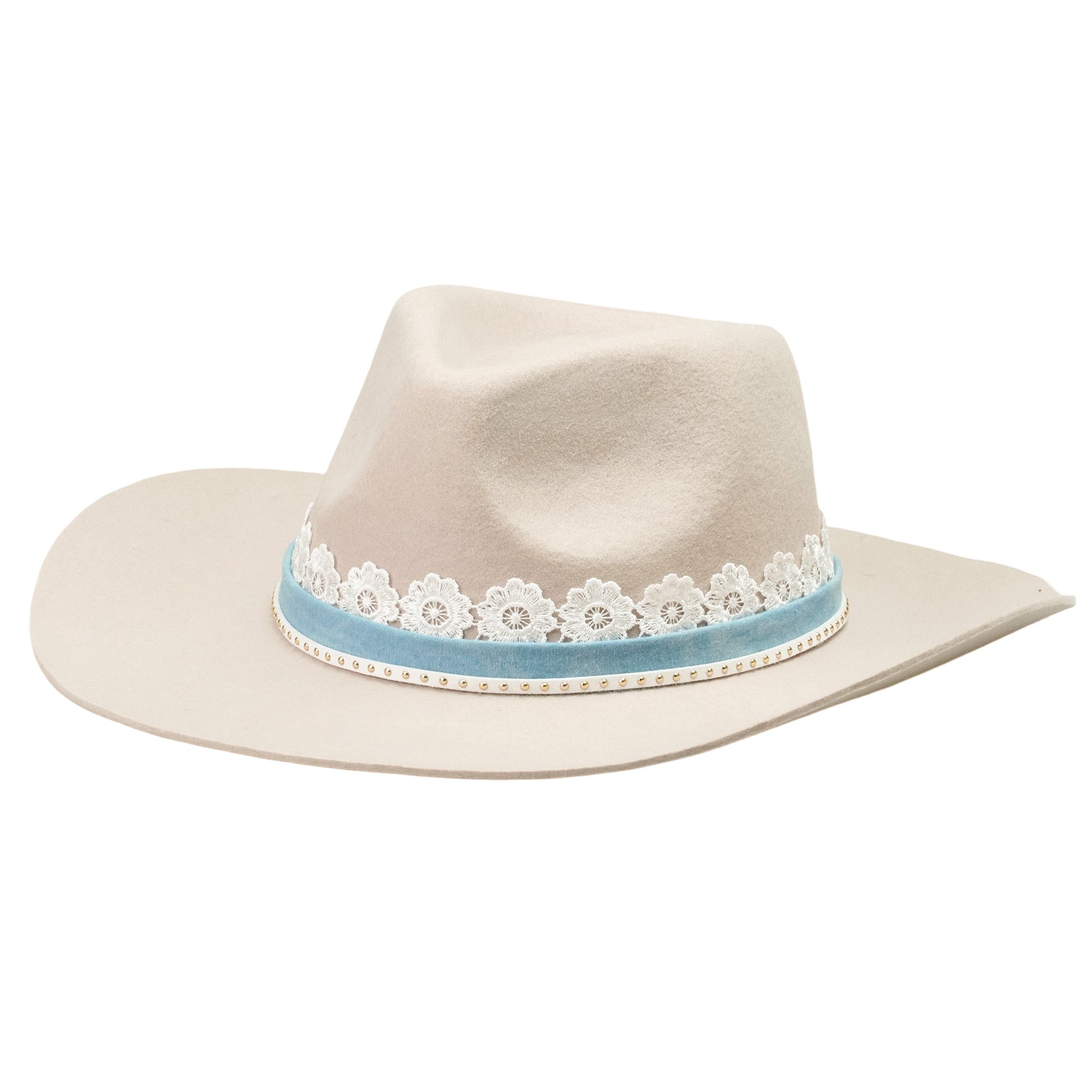 Off-White Rolled Brim Felt Hat with Lace & Denim Band