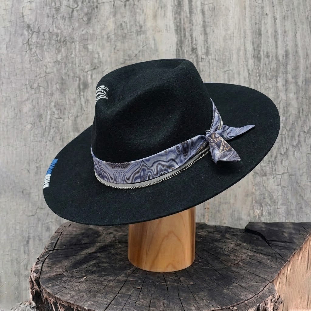 Black Straight Brim Felt Hat with Gray Cord & Stitching