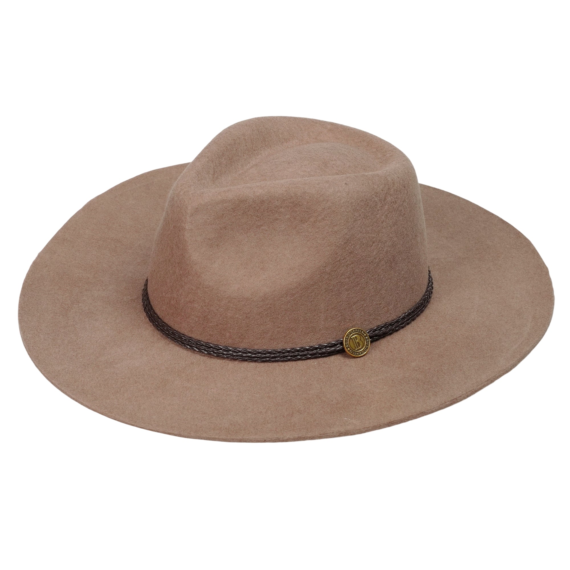 Elegant Flat-Brim Hat – Warm Camel Felt, Subtle Metal Accent