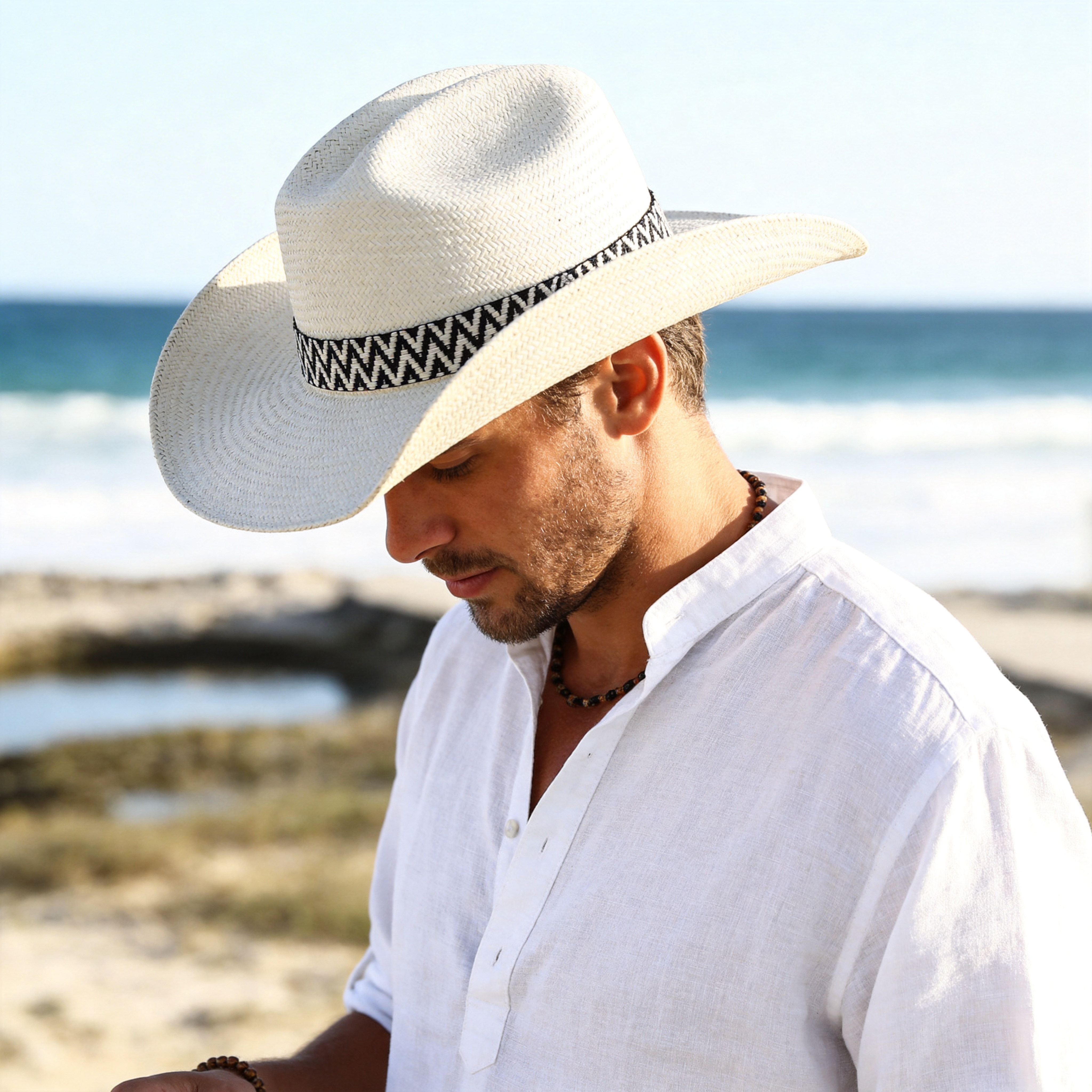 Straw Hat – Half Taco Brim, B&W Woven Band