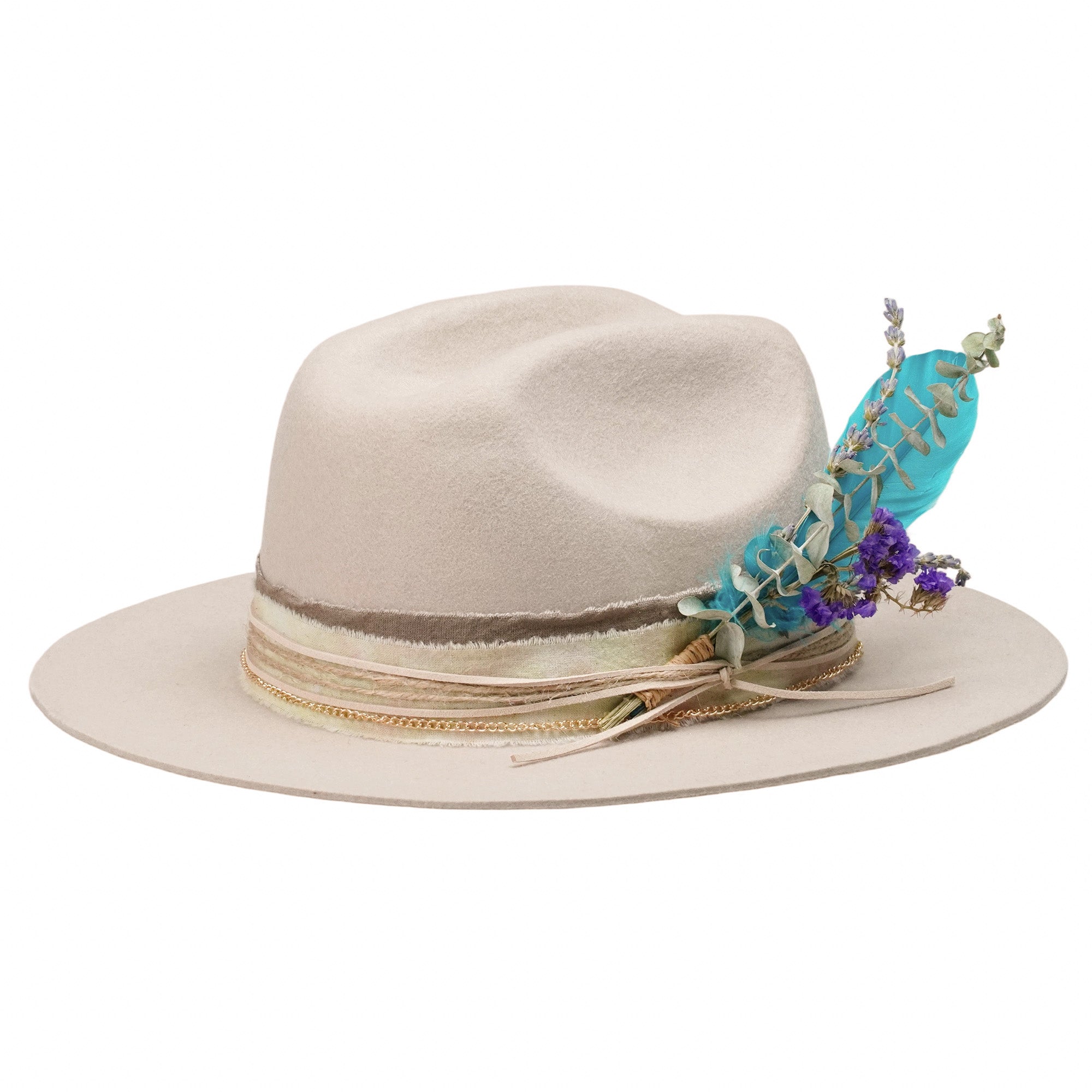 Oatmeal Felt Hat with Gold Chain & Feather Bouquet