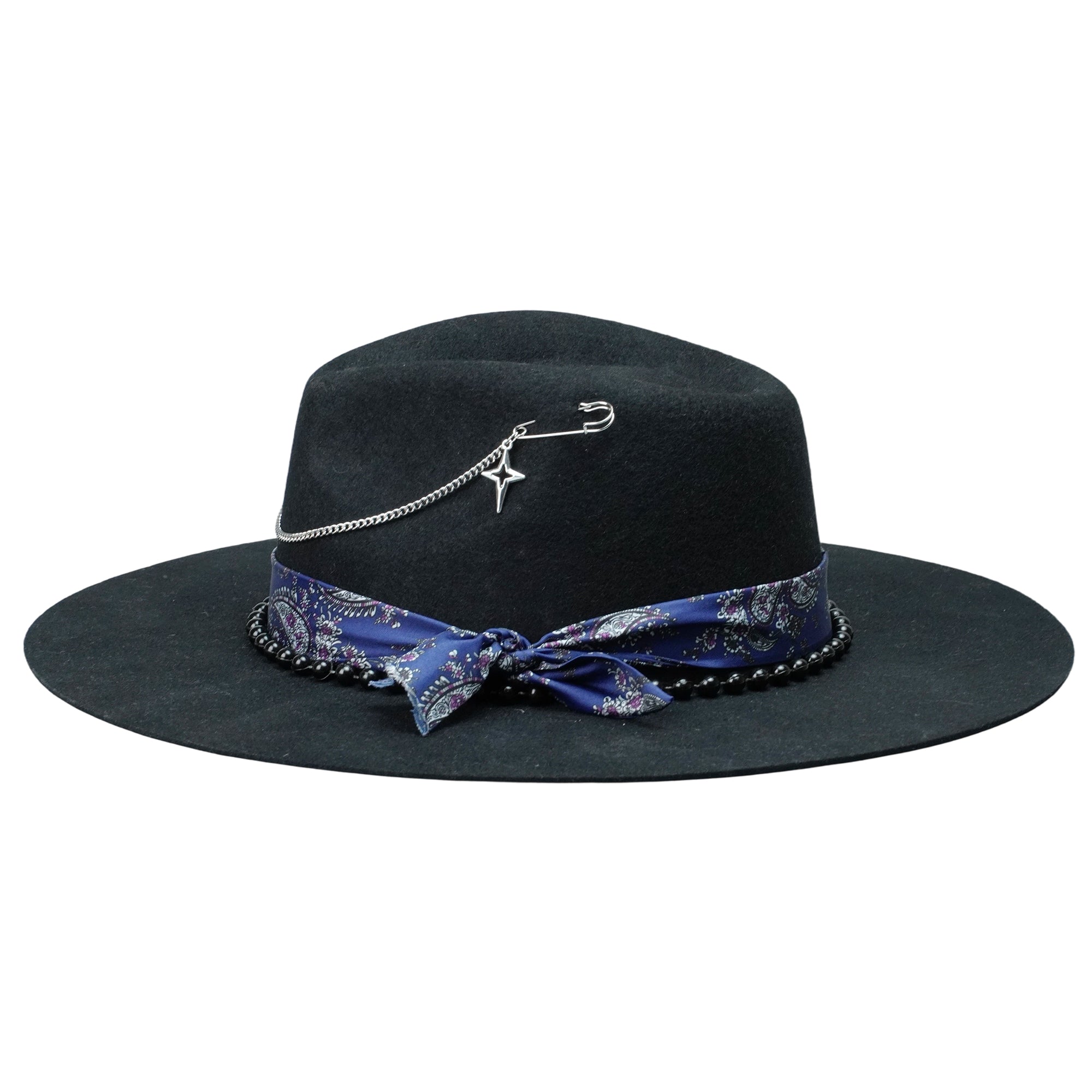 Edgy Black Hat: Beaded Band, Metal Chains, Pins