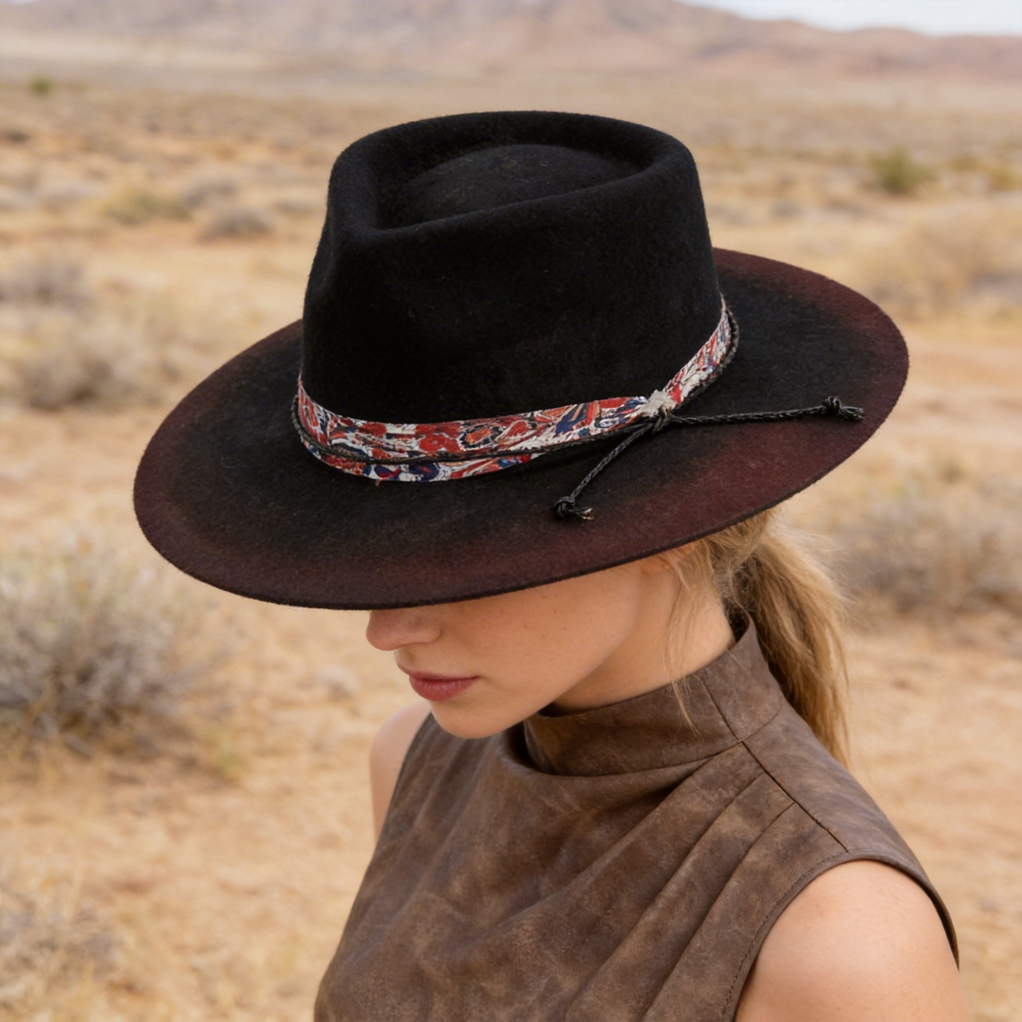 Hand-Distressed Fedora with Patterned Band