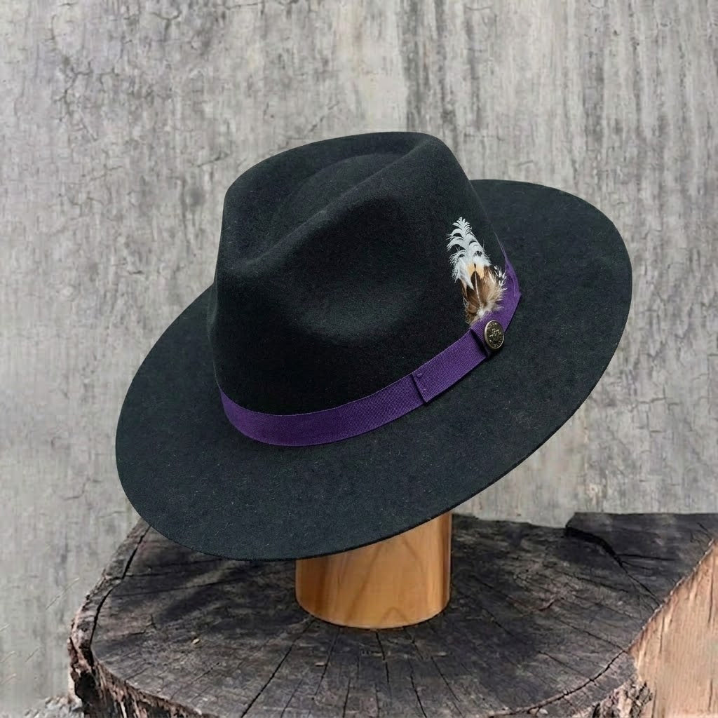 Black Flat Brim Felt Hat with Purple Band