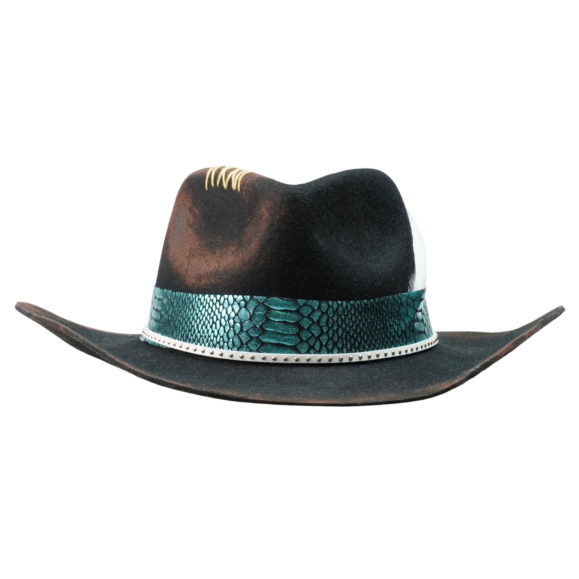 Hand-Burned Artistic Felt Hat – Charred Finish, Glossy Trim