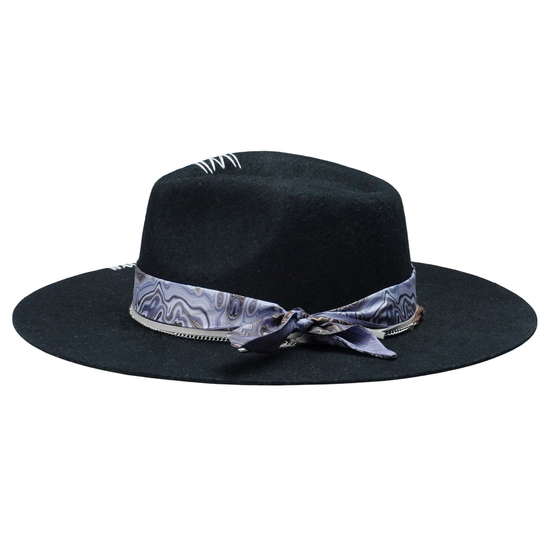 Black Straight Brim Felt Hat with Gray Cord & Stitching