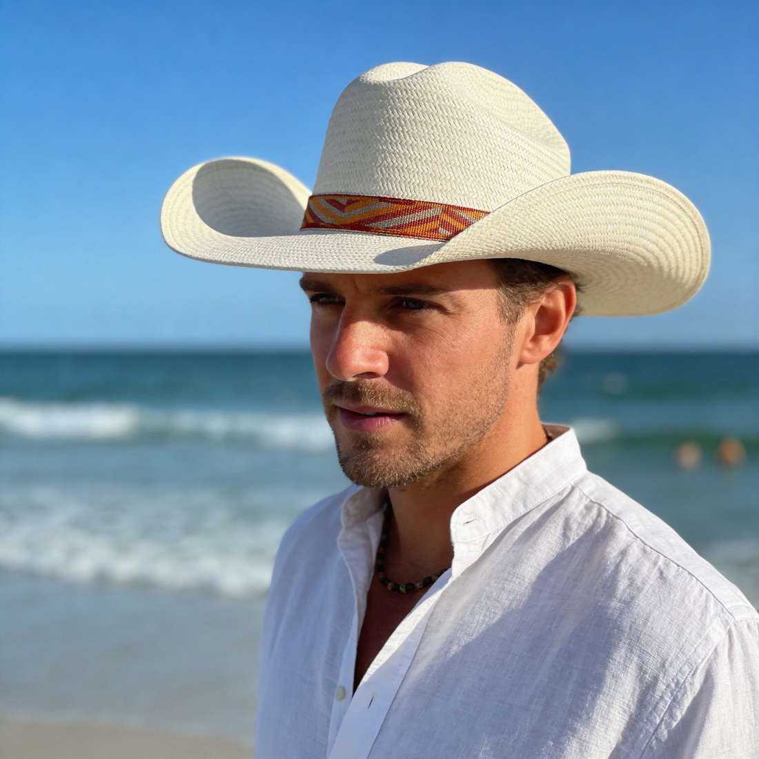 Straw Hat – Arched Brim, Orange-Geometric Band