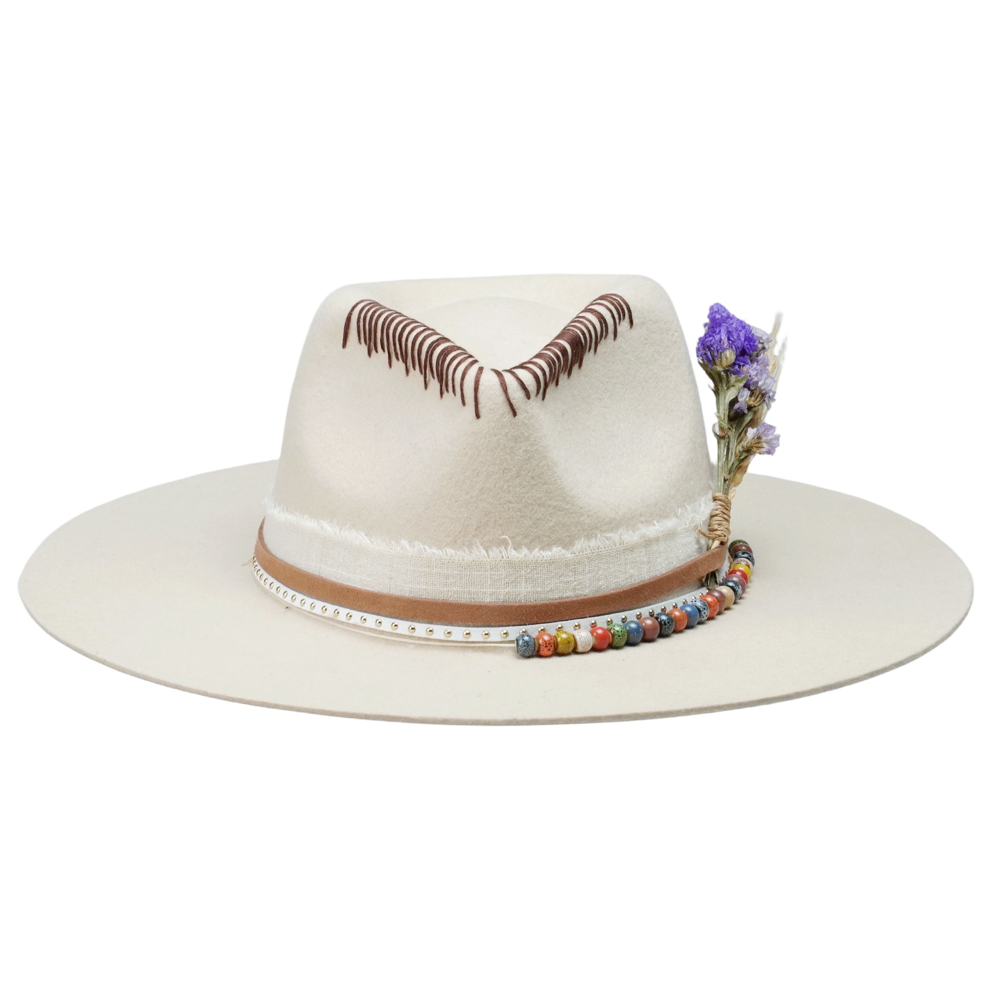 Cream Straight Brim Hat - Beaded Band & Stitching Detail