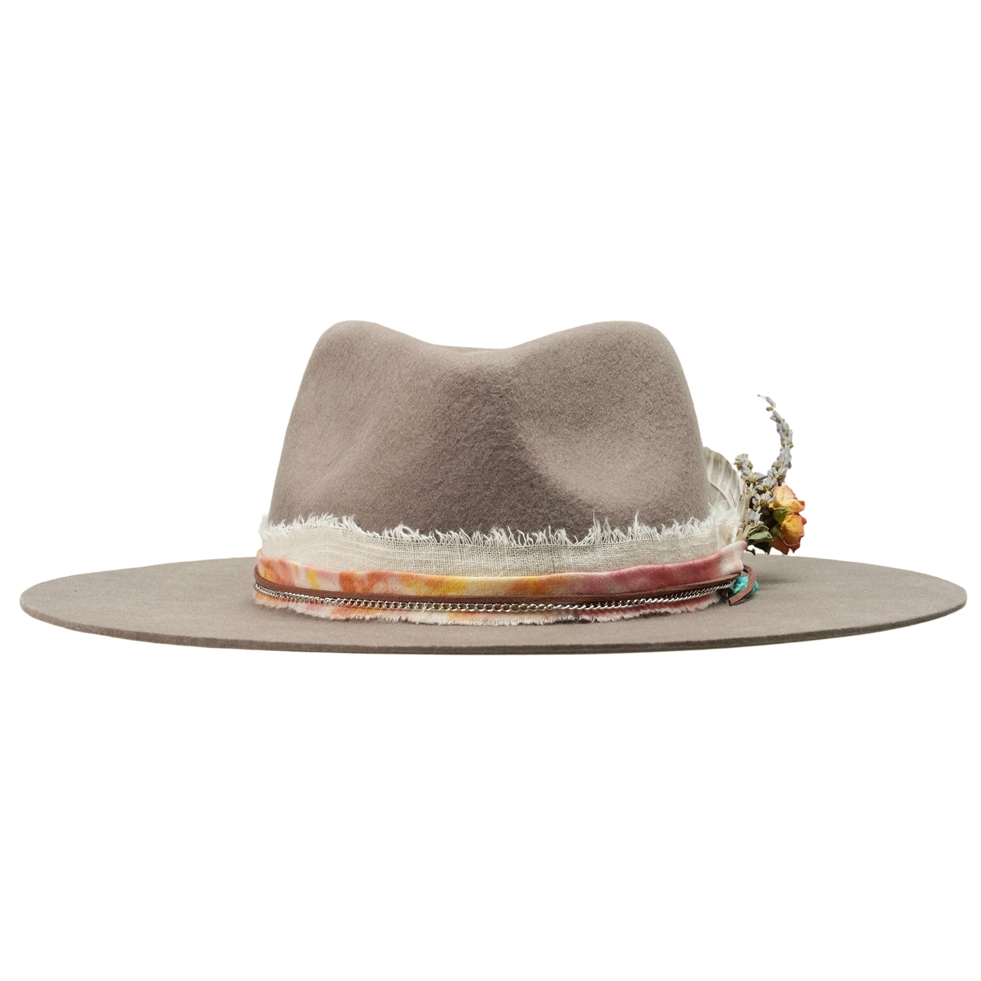 Camel Felt Hat - Silver Chain & Natural Feather Detail