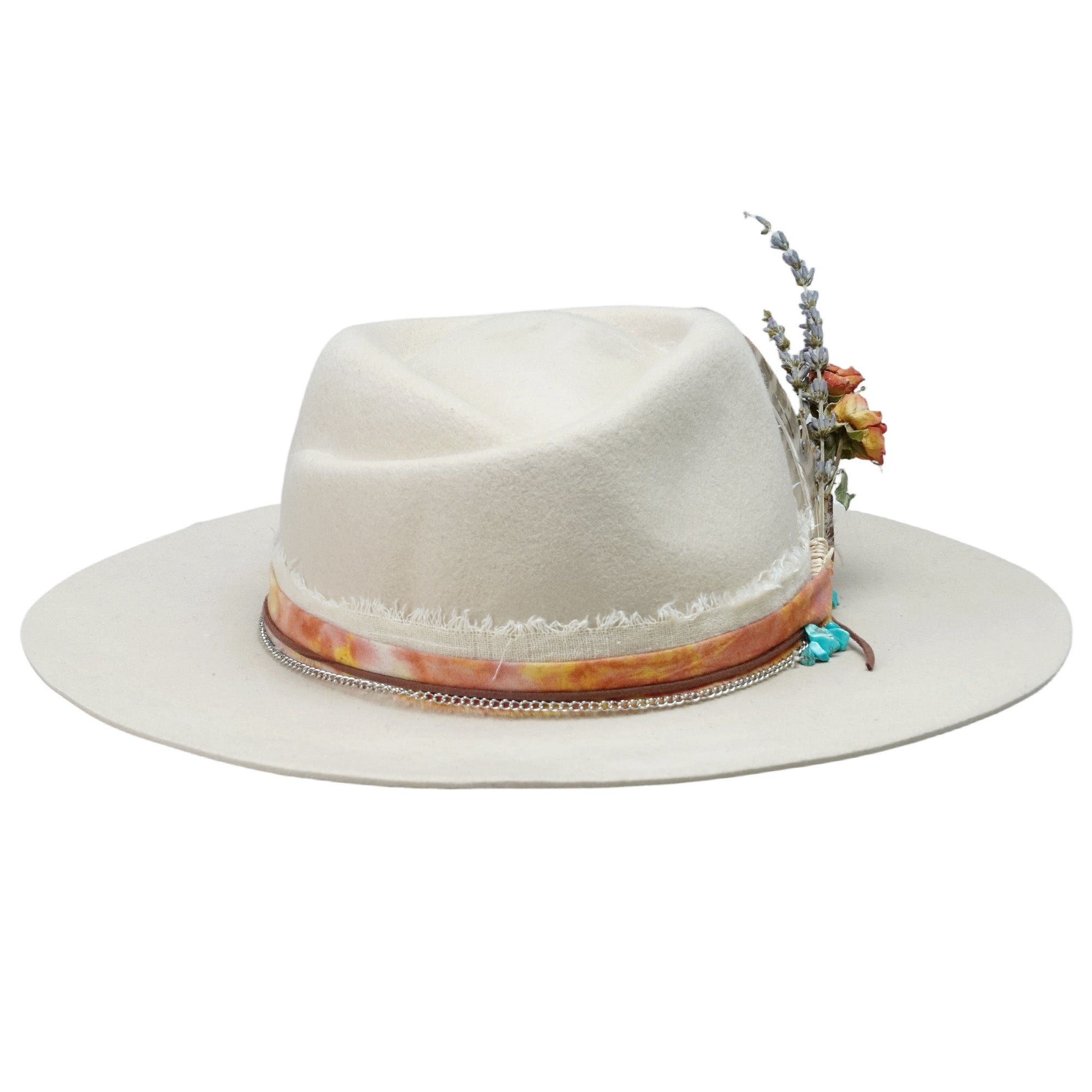 Cream Felt Fedora with Rose Crown & Dried Flowers