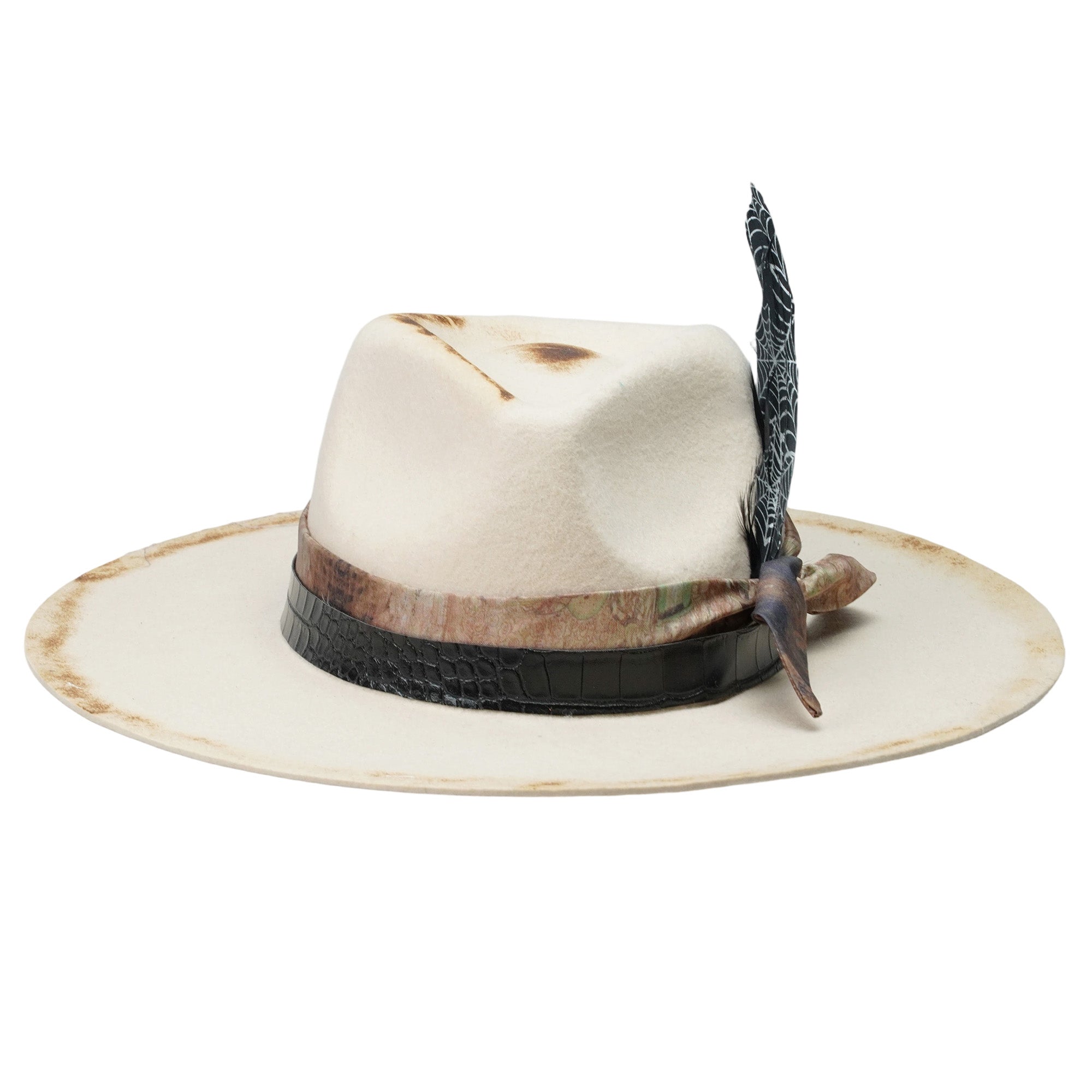 Edgy Felt Hat: Ornate Fabric, Leather, Delicate Feathers