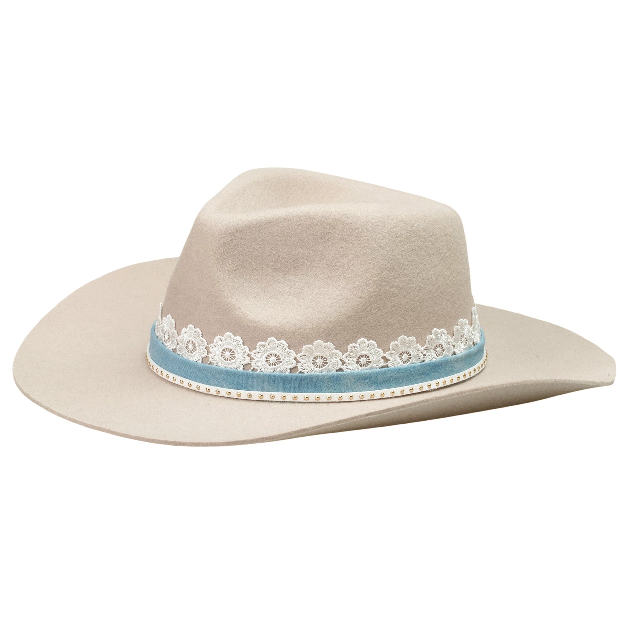 Off-White Rolled Brim Felt Hat with Lace & Denim Band