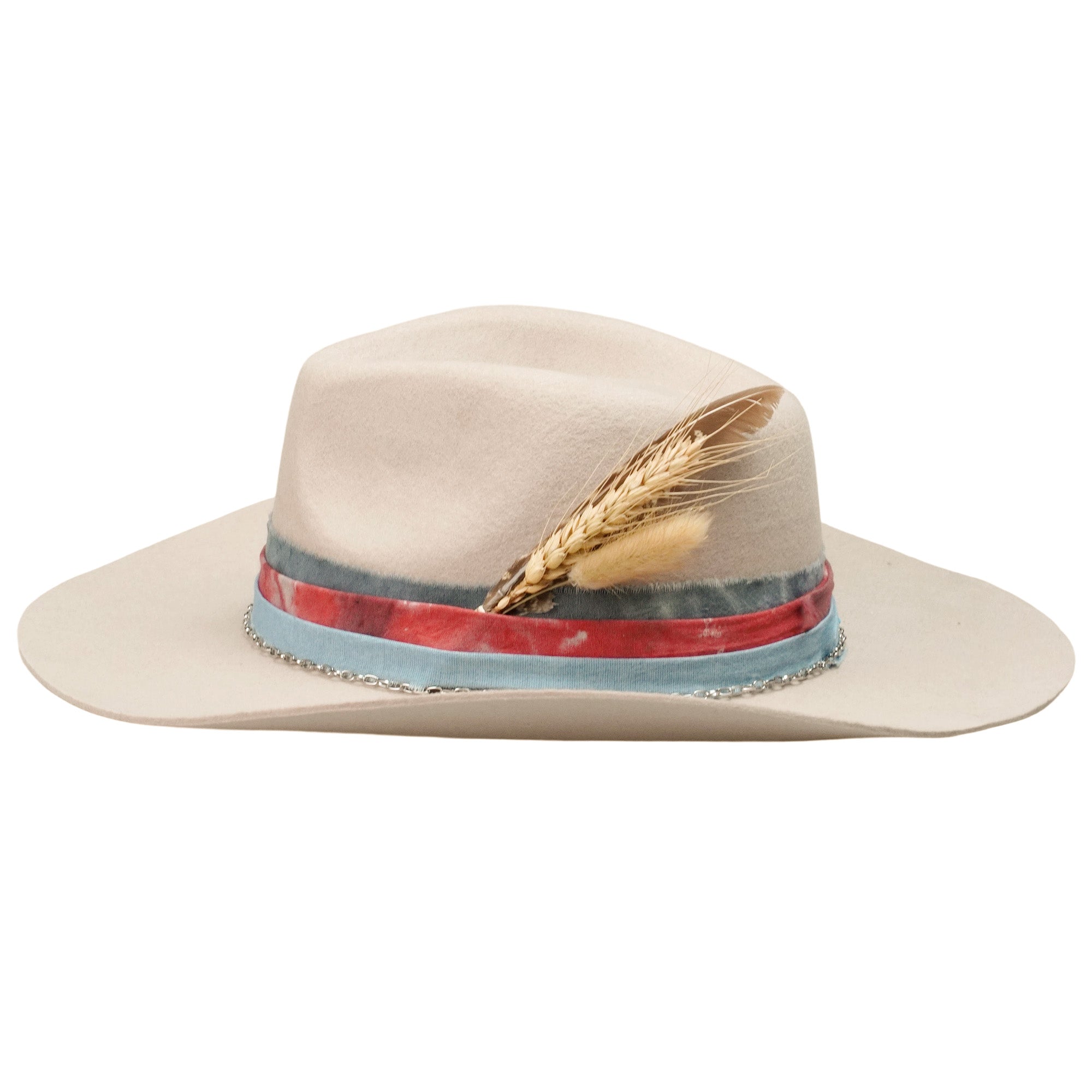 Teardrop Fedora - Off-White with Custom Fabric & Feather Accent