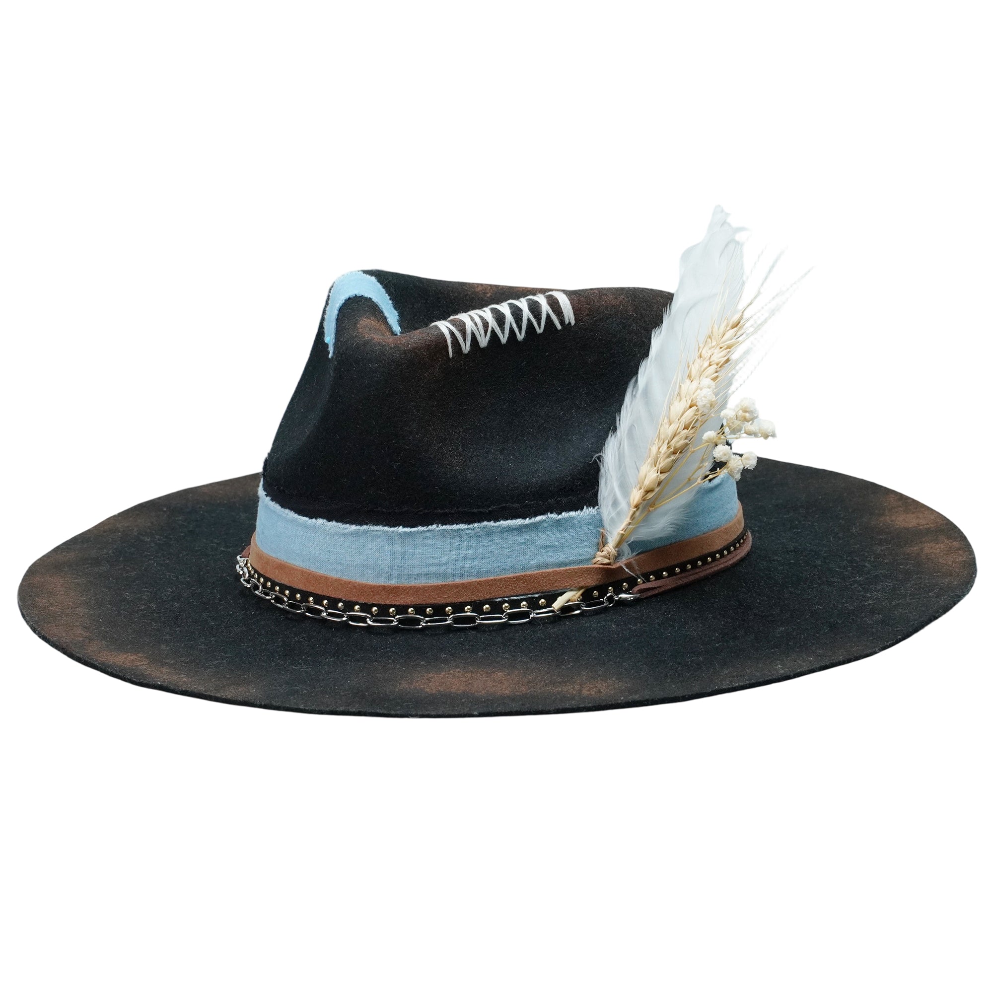 Gothic Felt Fedora with Silver Chain & Dried Flowers