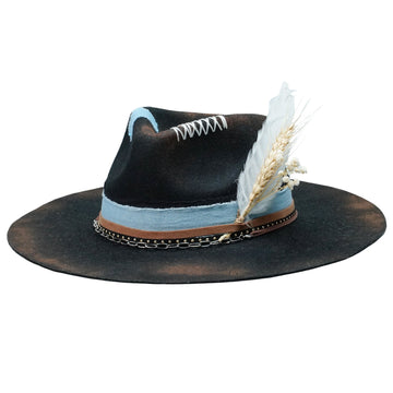 Gothic Felt Fedora with Silver Chain & Dried Flowers