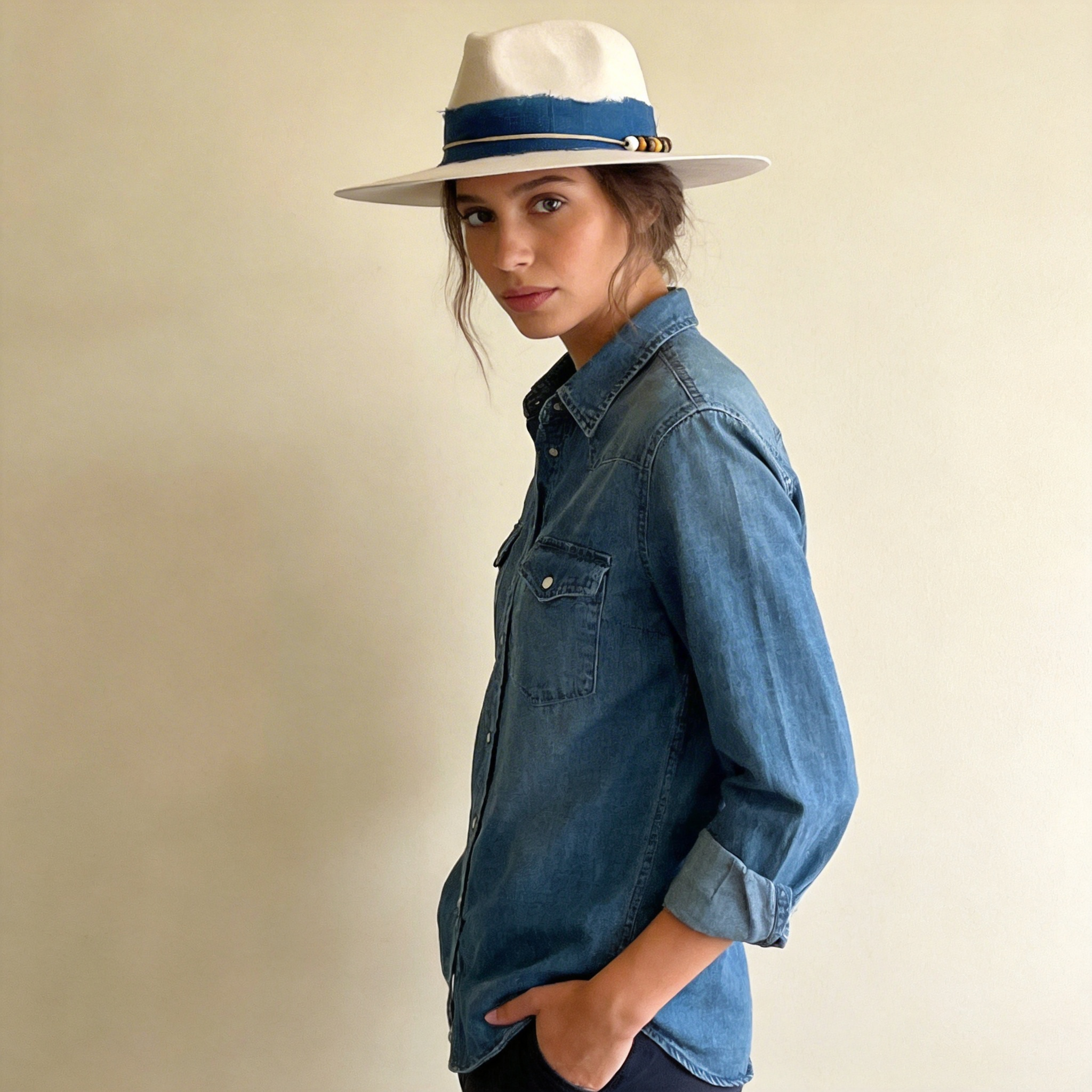 Premium Ivory Hat – Blue Fabric Band