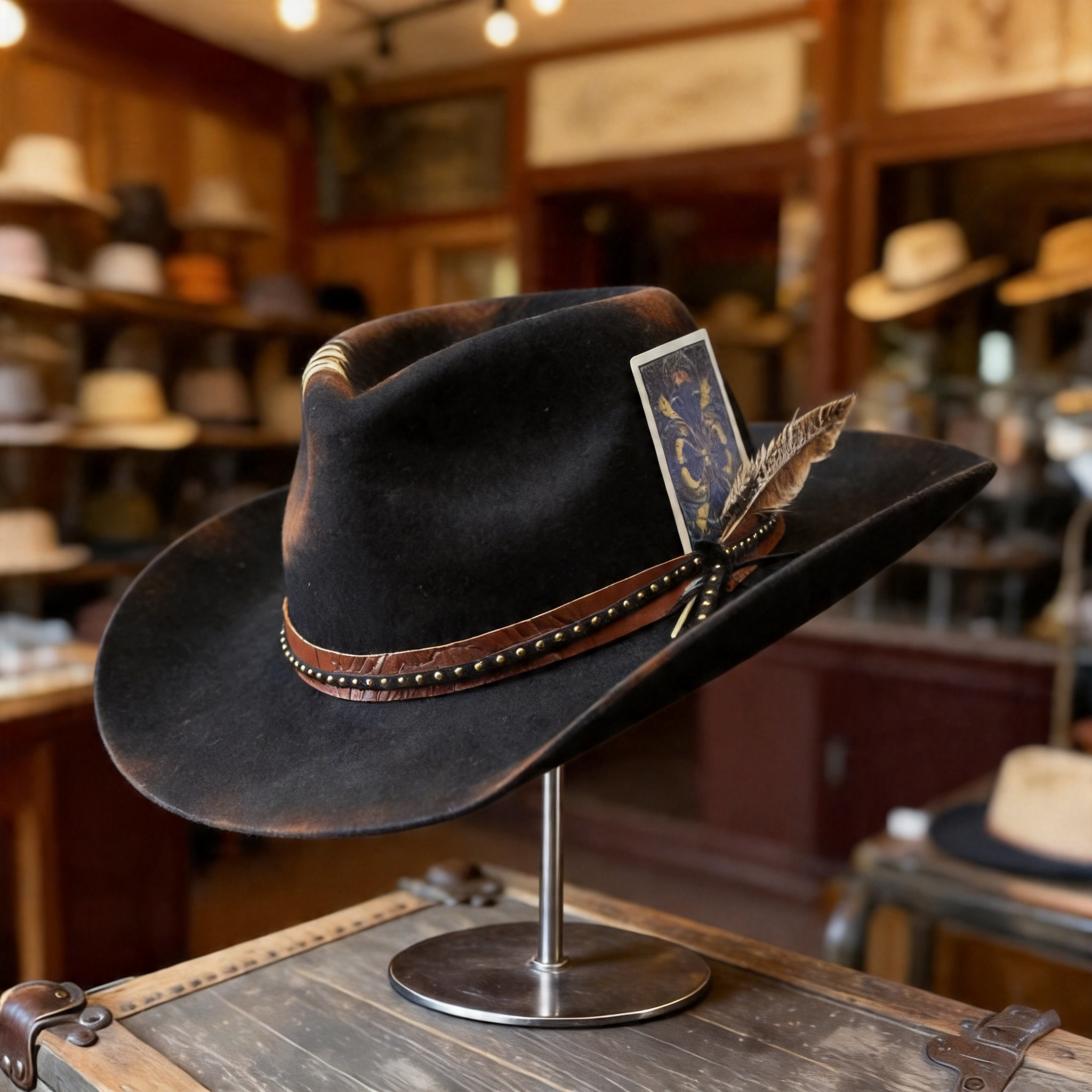 Distressed Felt Hat – Curled Brim, Croc-Textured Band