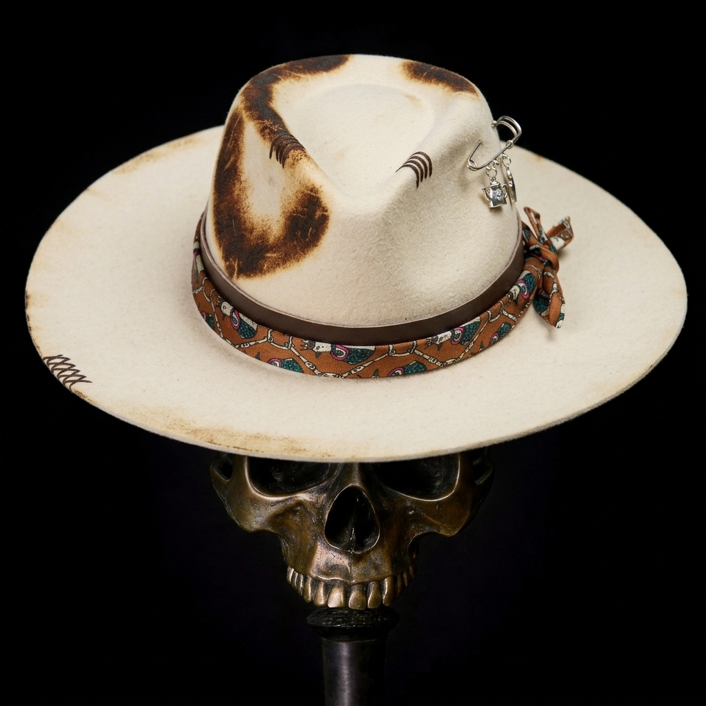 Hand-Burned Edgy Felt Hat – Neutral Tone, Textural Contrast Band