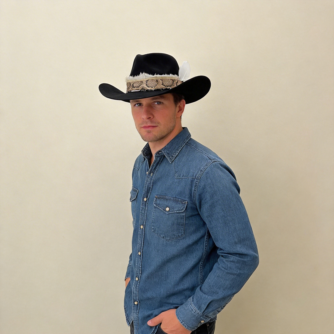 Black Cowboy Hat – Printed Band & Feather