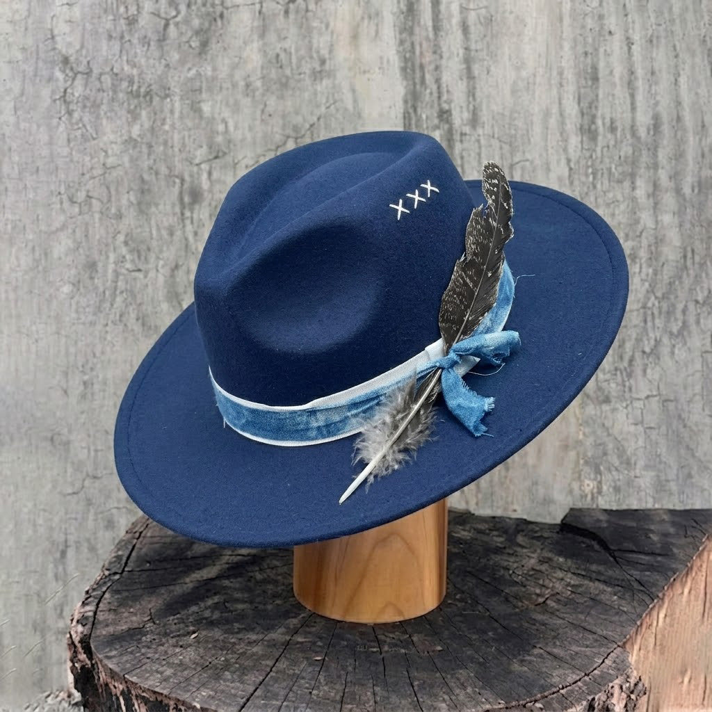 Blue Felt Fedora with Tie-Dye Band & Feather