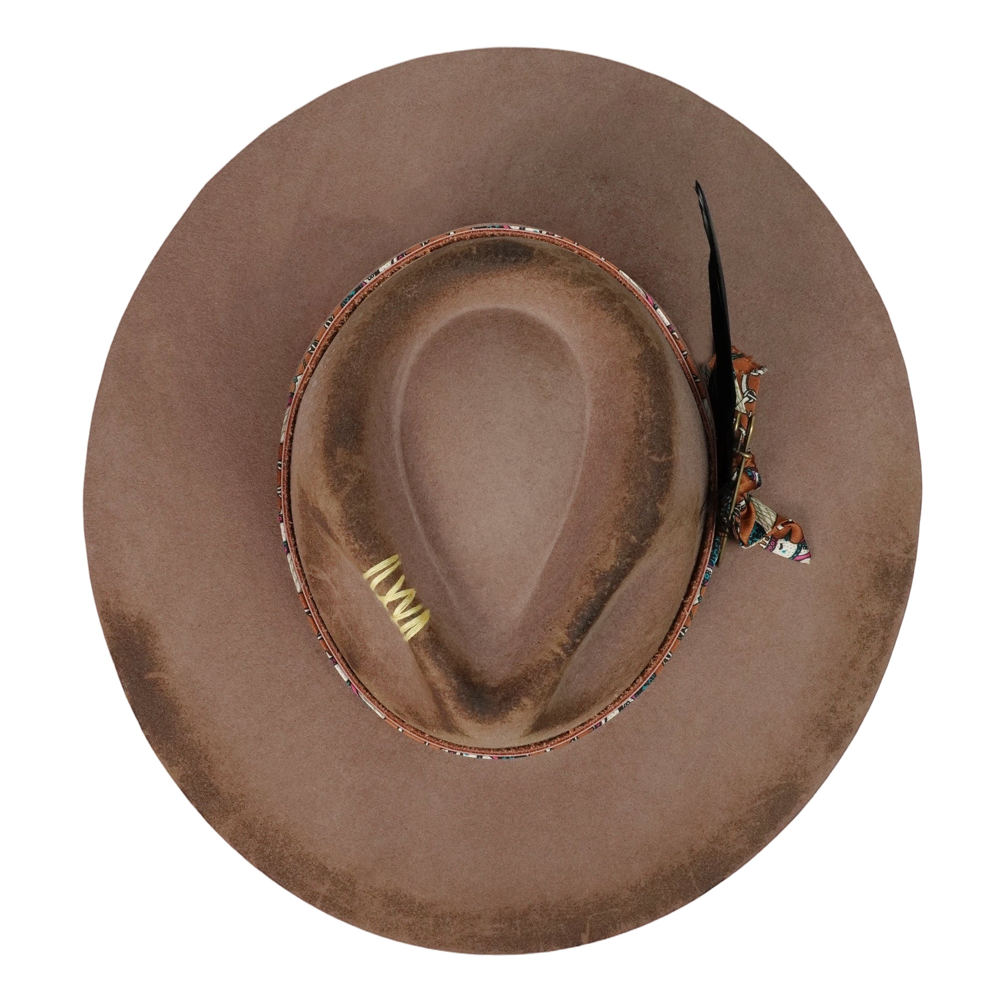 Hand-Burned Edgy Felt Hat – Neutral Tone, Feather Detail
