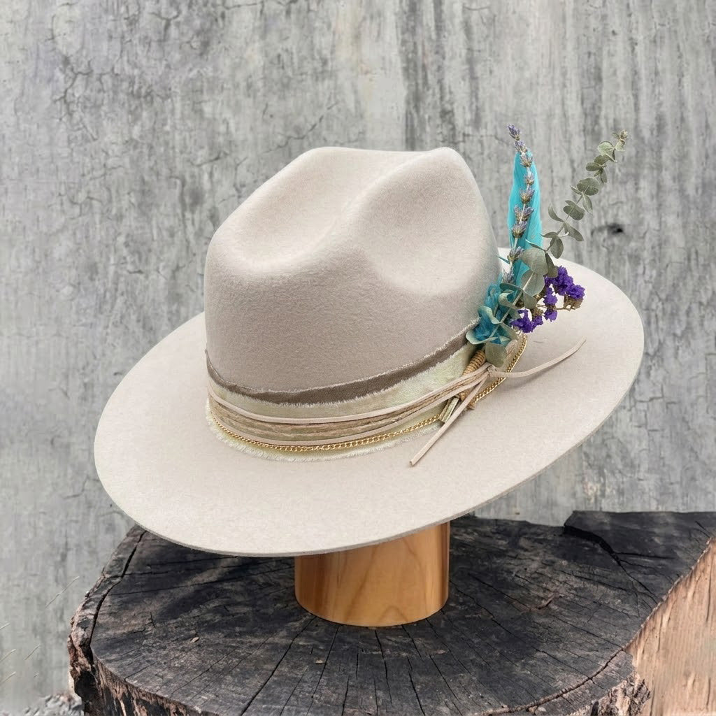Oatmeal Felt Hat with Gold Chain & Feather Bouquet