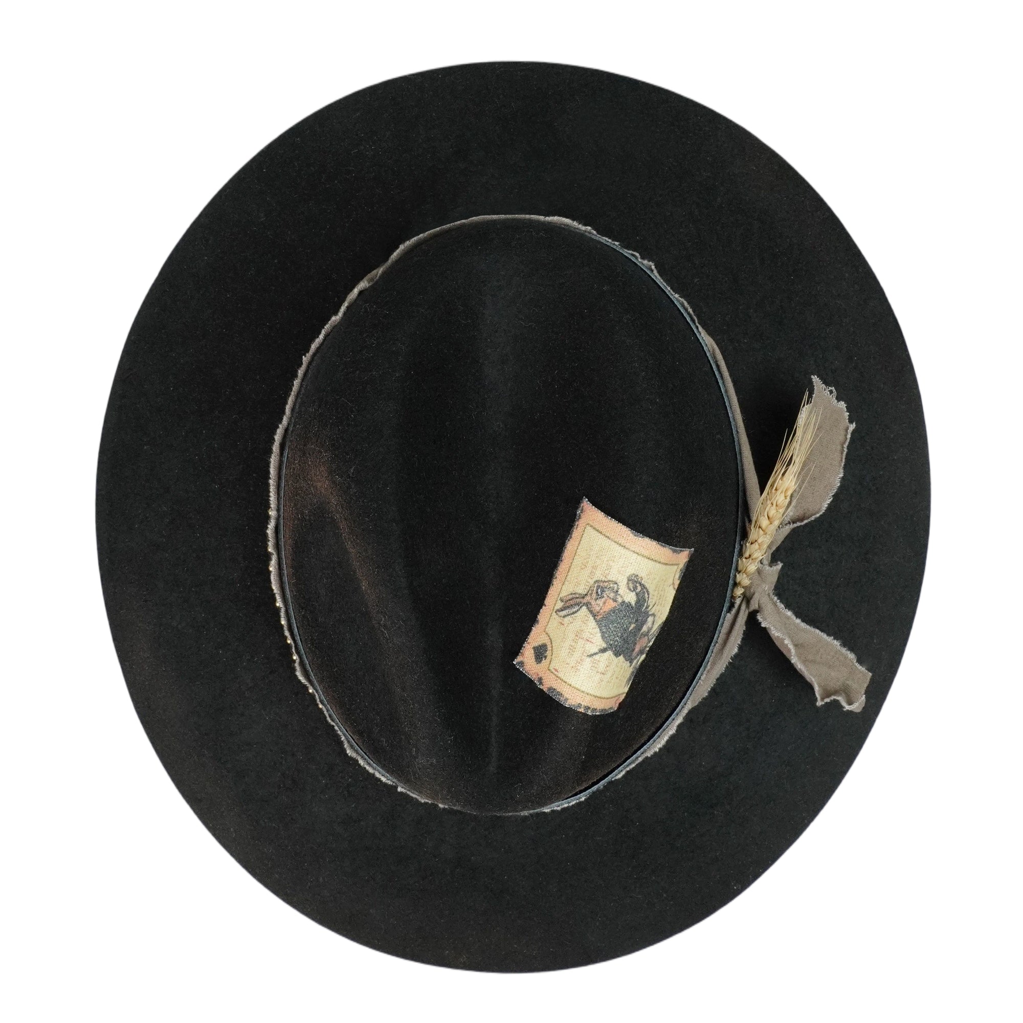 Black Felt Hat – Leather & Fabric Band, Vintage Appliqué