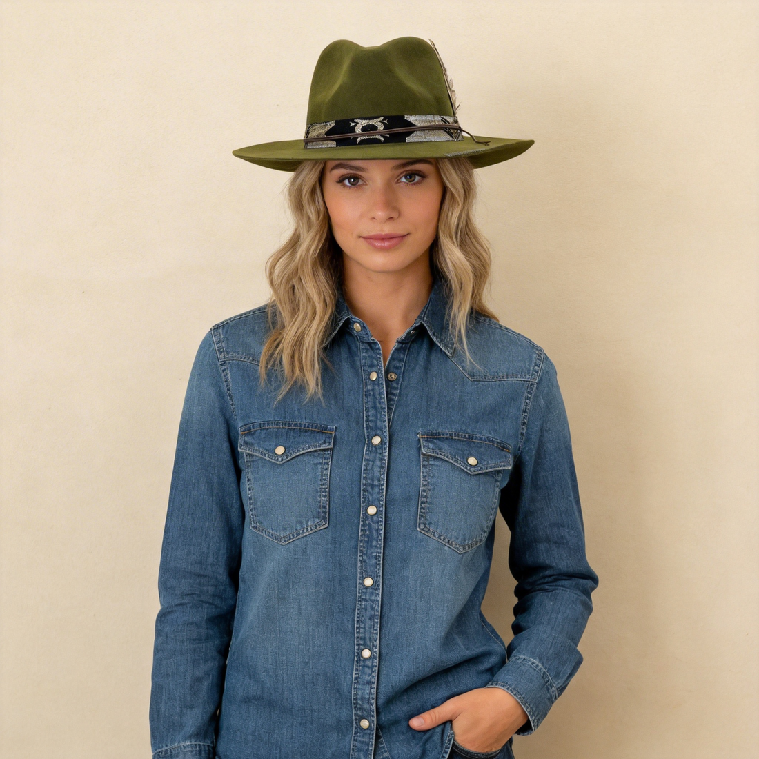 Sage Green Wide-Brim – Shimmer Band & Feather