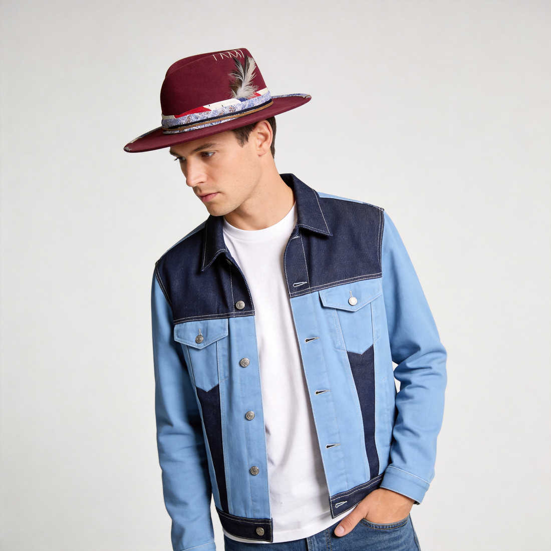 Artisan Burgundy Hat – Fabric & Feather