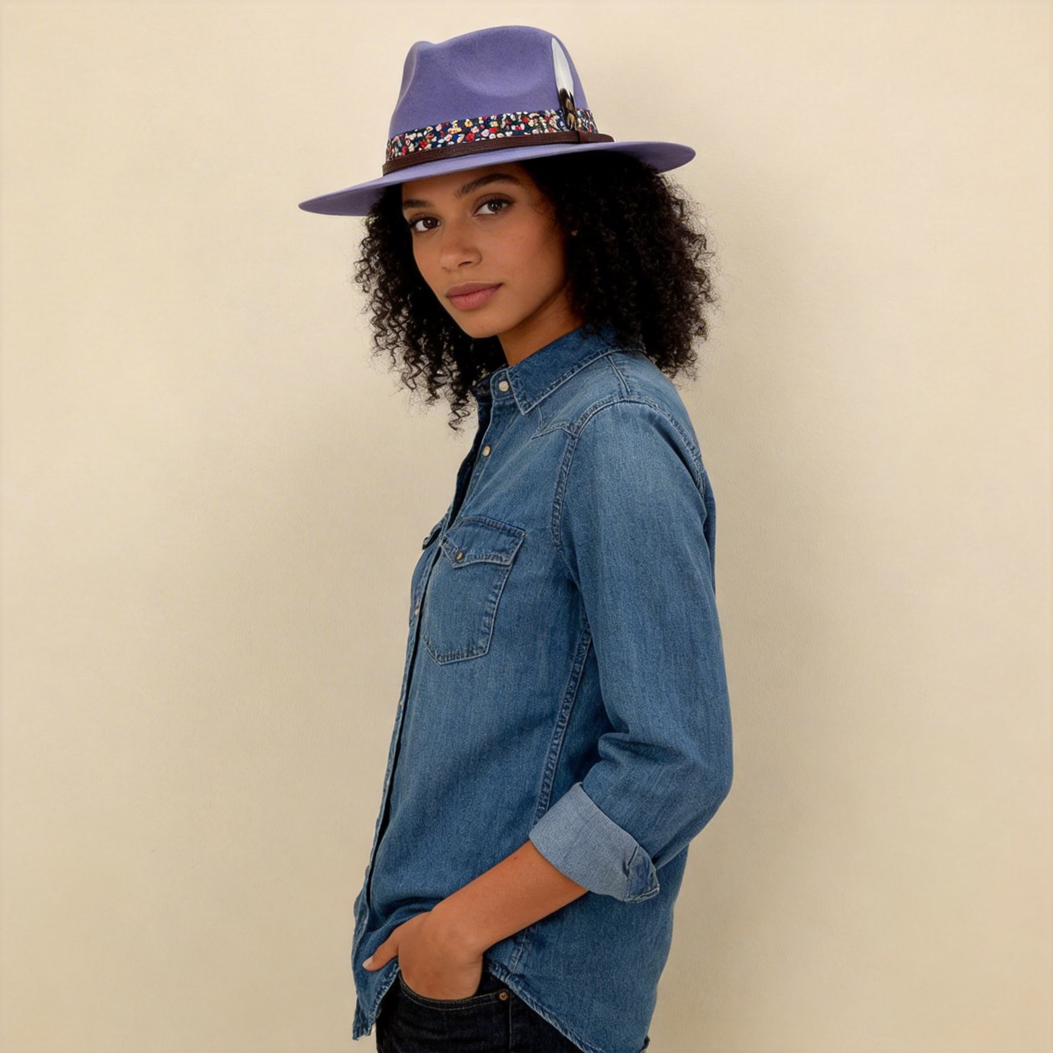 Deep Plum Flat-Brim – Feather & Floral Band