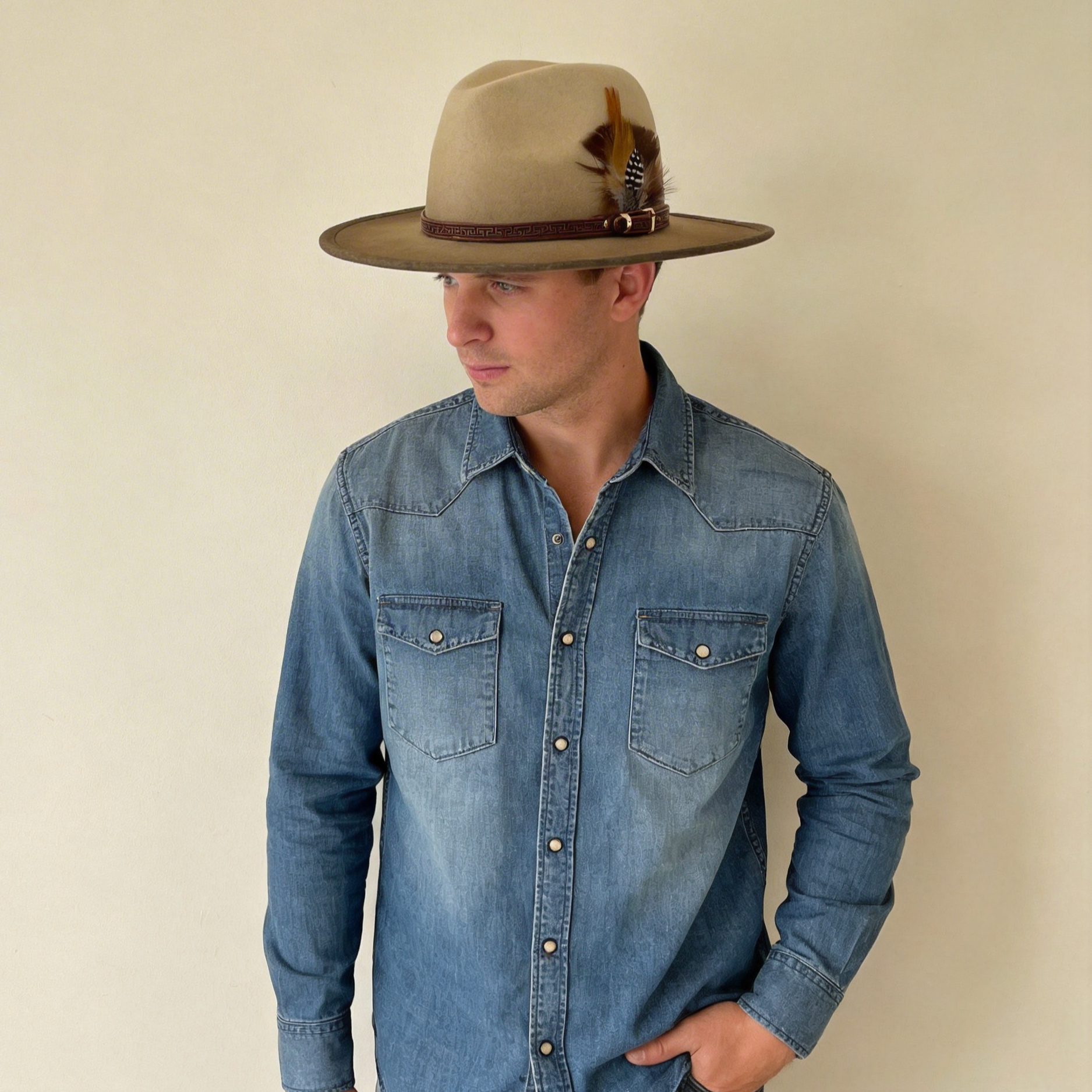 Ombre Beige Flat-Brim – Custom Leather Band & Feather
