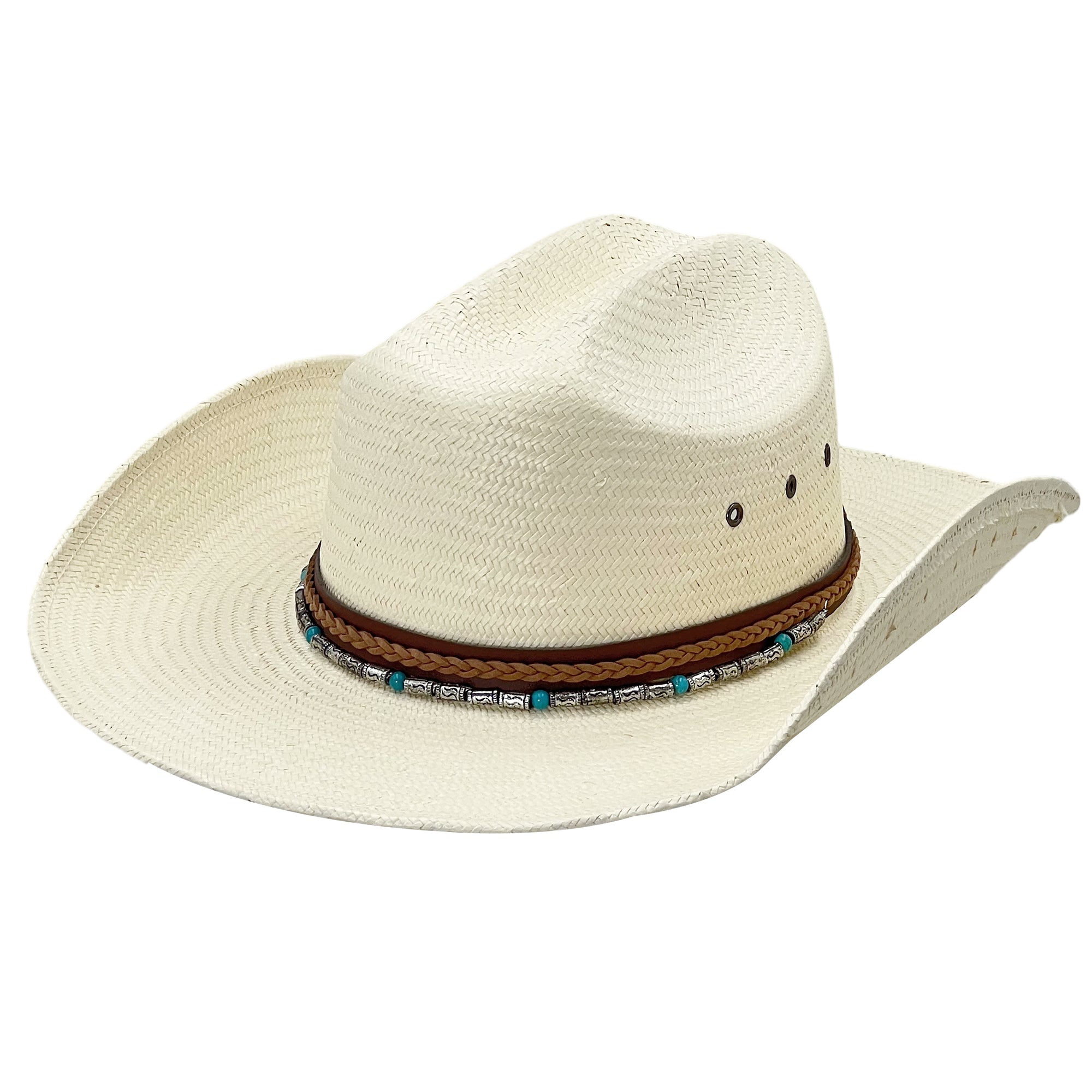 Wide Brim Straw Hat w/ Beaded Woven Band