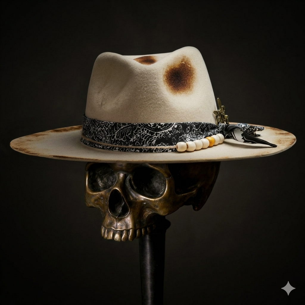 Hand-Burned Straight-Brim Felt Hat – Beaded Band, Vintage Metal Pin