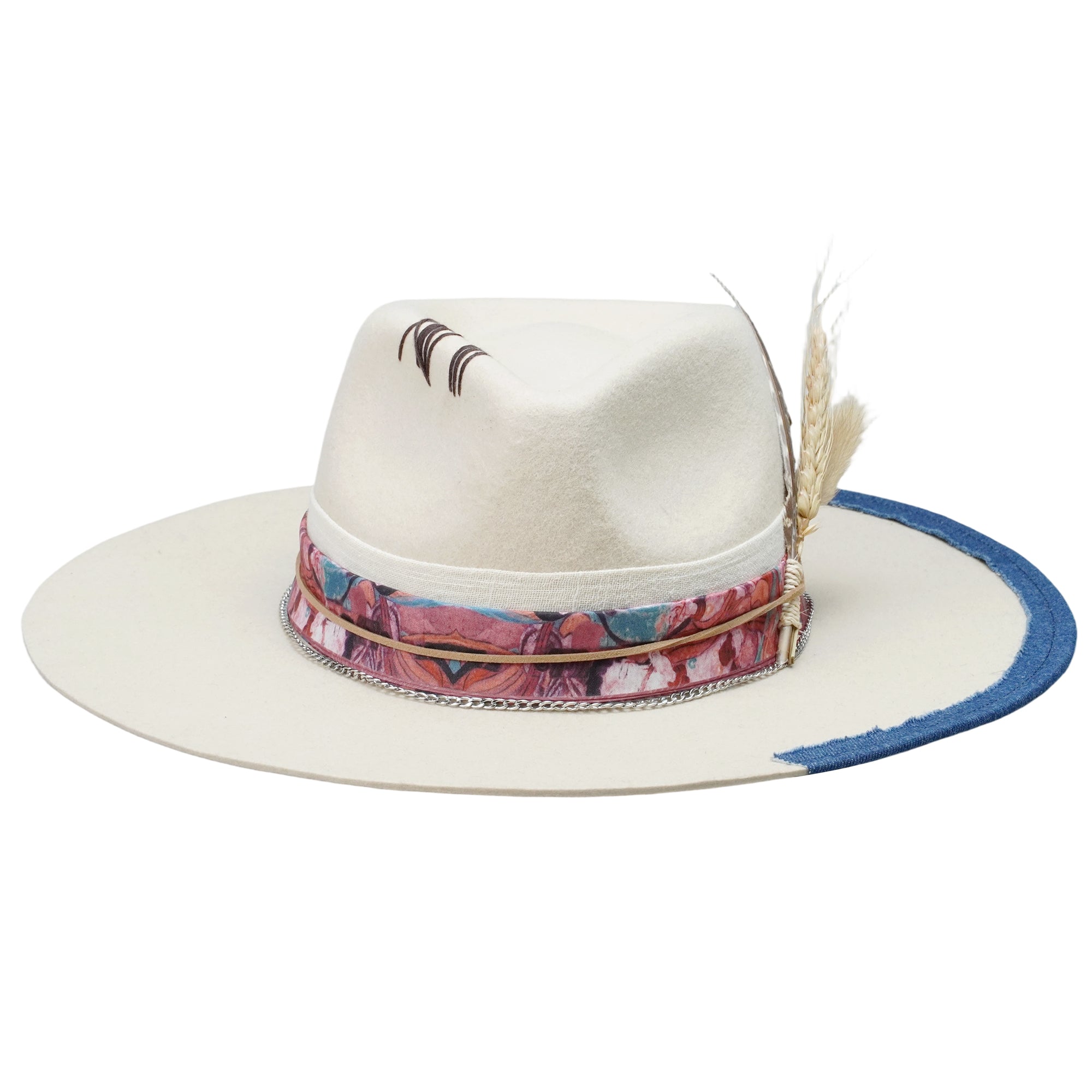 Stitched Teardrop Fedora - Off-White with Dried Flower Bouquet