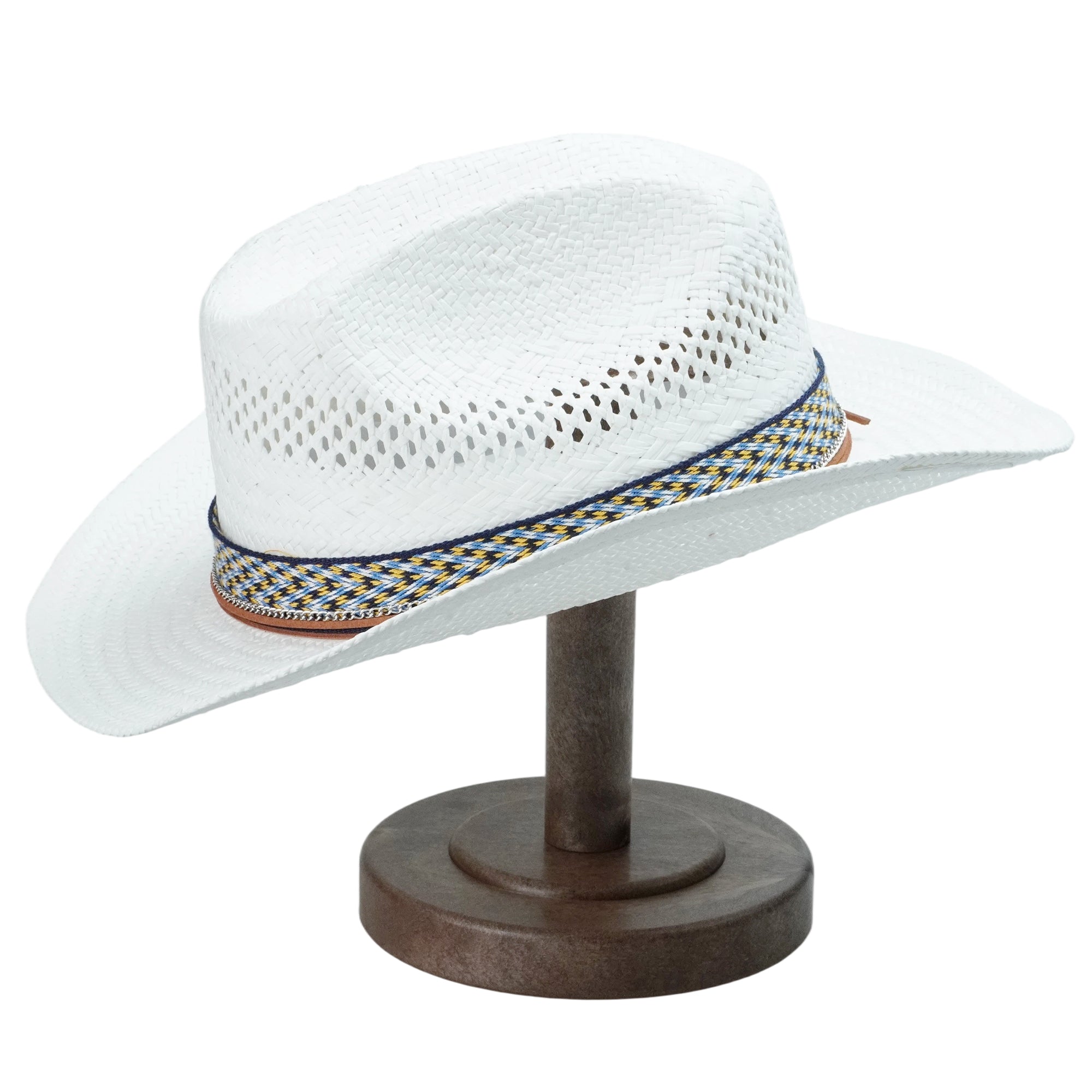 White Straw Hat with Woven Band & Silver Chain