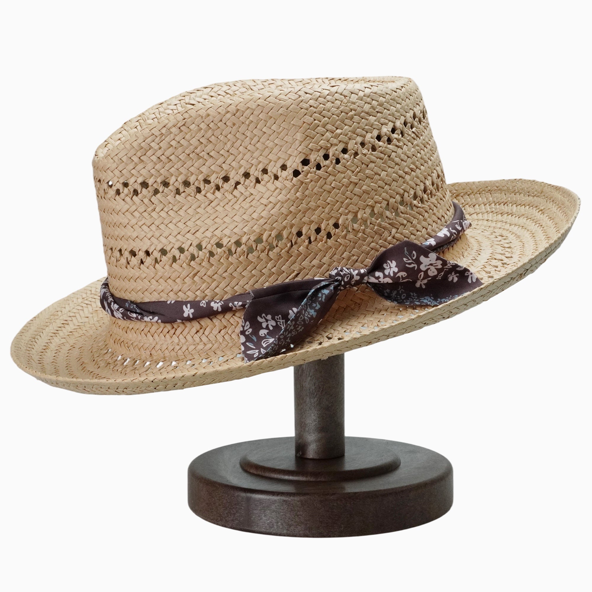 Light Brown Breathable Straw Fedora with Floral Band & Side Tie