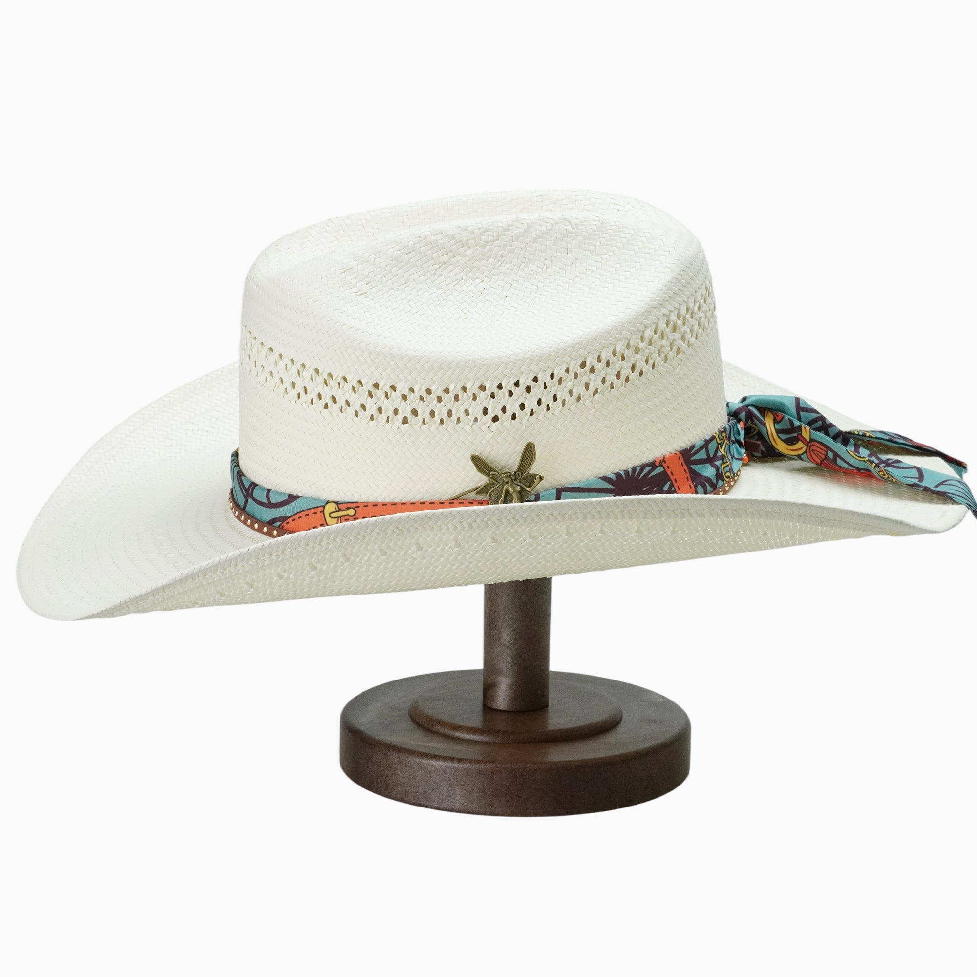 Light Off-White Breathable Straw Fedora with Printed Scarf & Fairy Charm