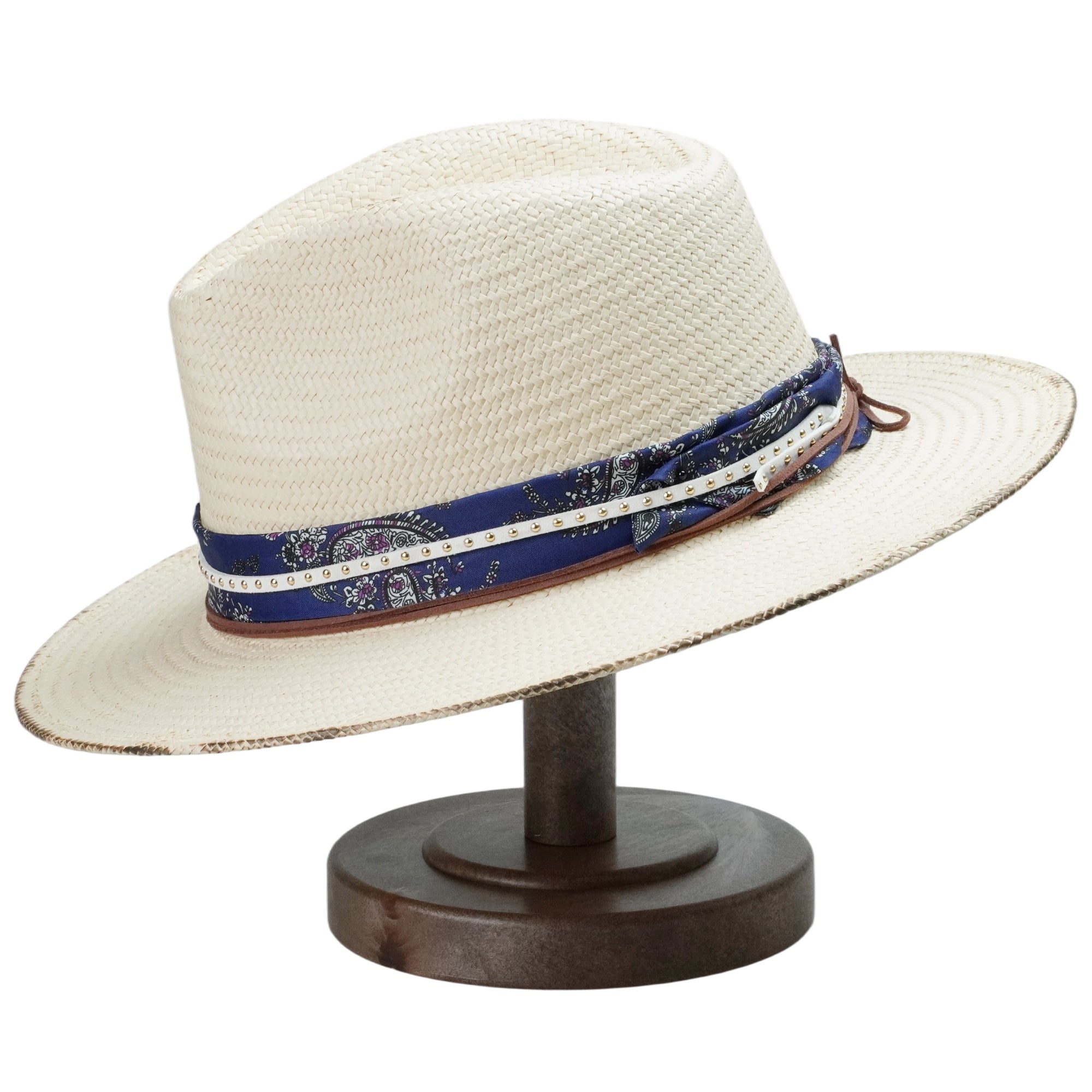 White Straw Hat with Printed Band & Thin Cords