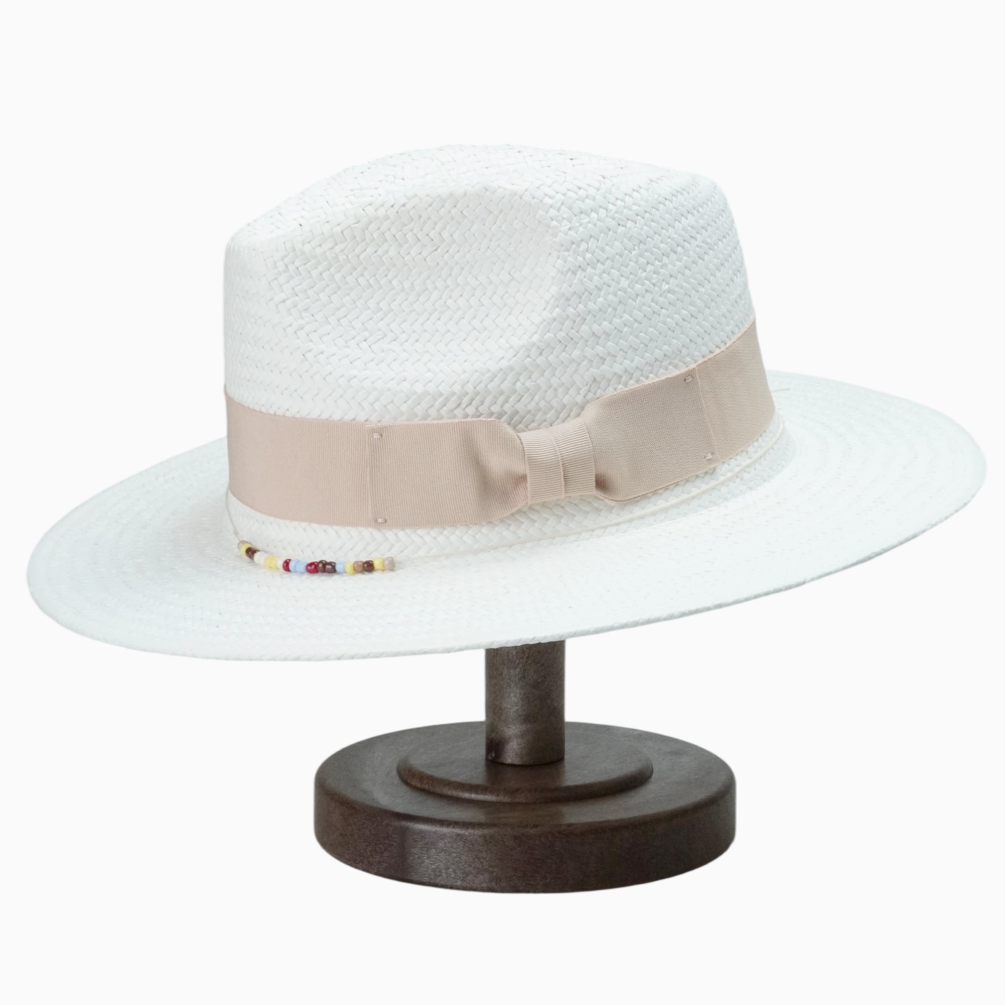 White Breathable Straw Fedora with Beige Ribbon & Beaded Trim