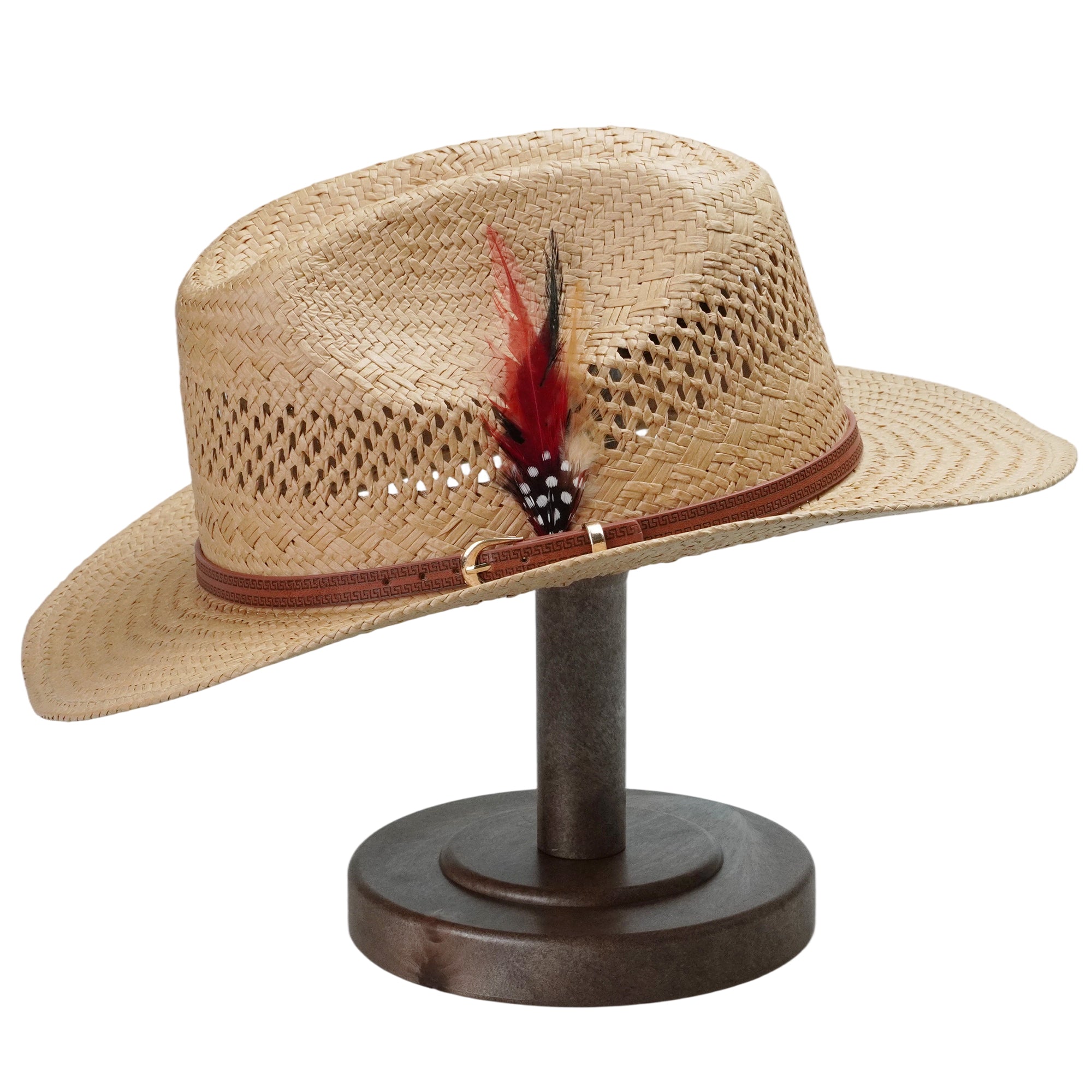 Light Brown Straw Hat with Printed Leather Band & Feather