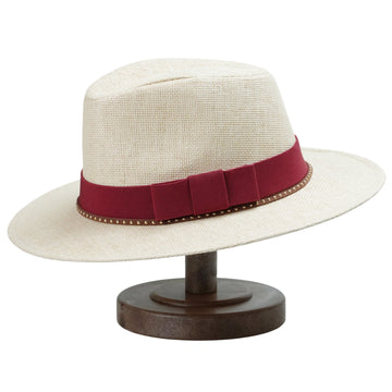 Beige Straw Hat with Dark Red Wide Band & Thin Cord