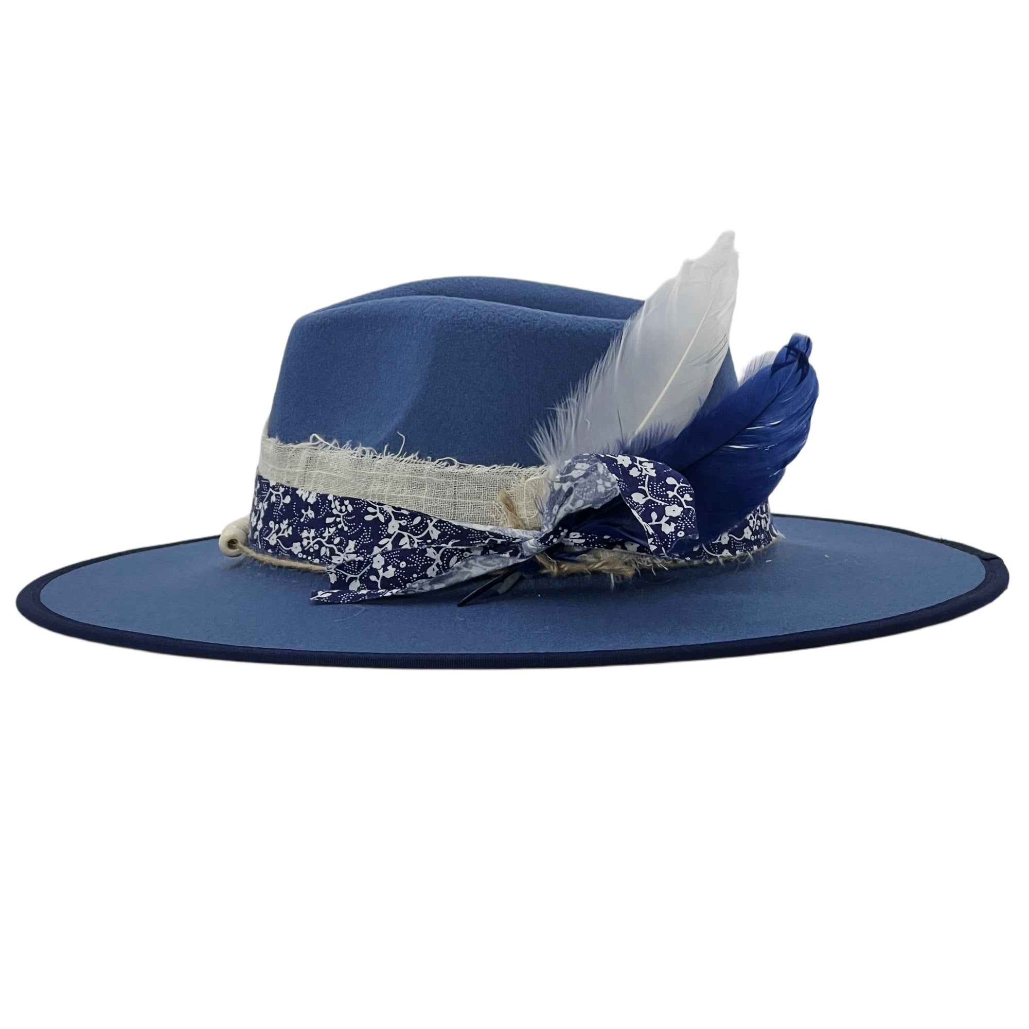 Denim Blue Wide-Brim – Print, Feather & Beads
